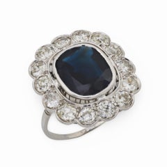 Antique Edwardian GIA 5.25 carat no heat sapphire diamond 18k white gold cluster ring