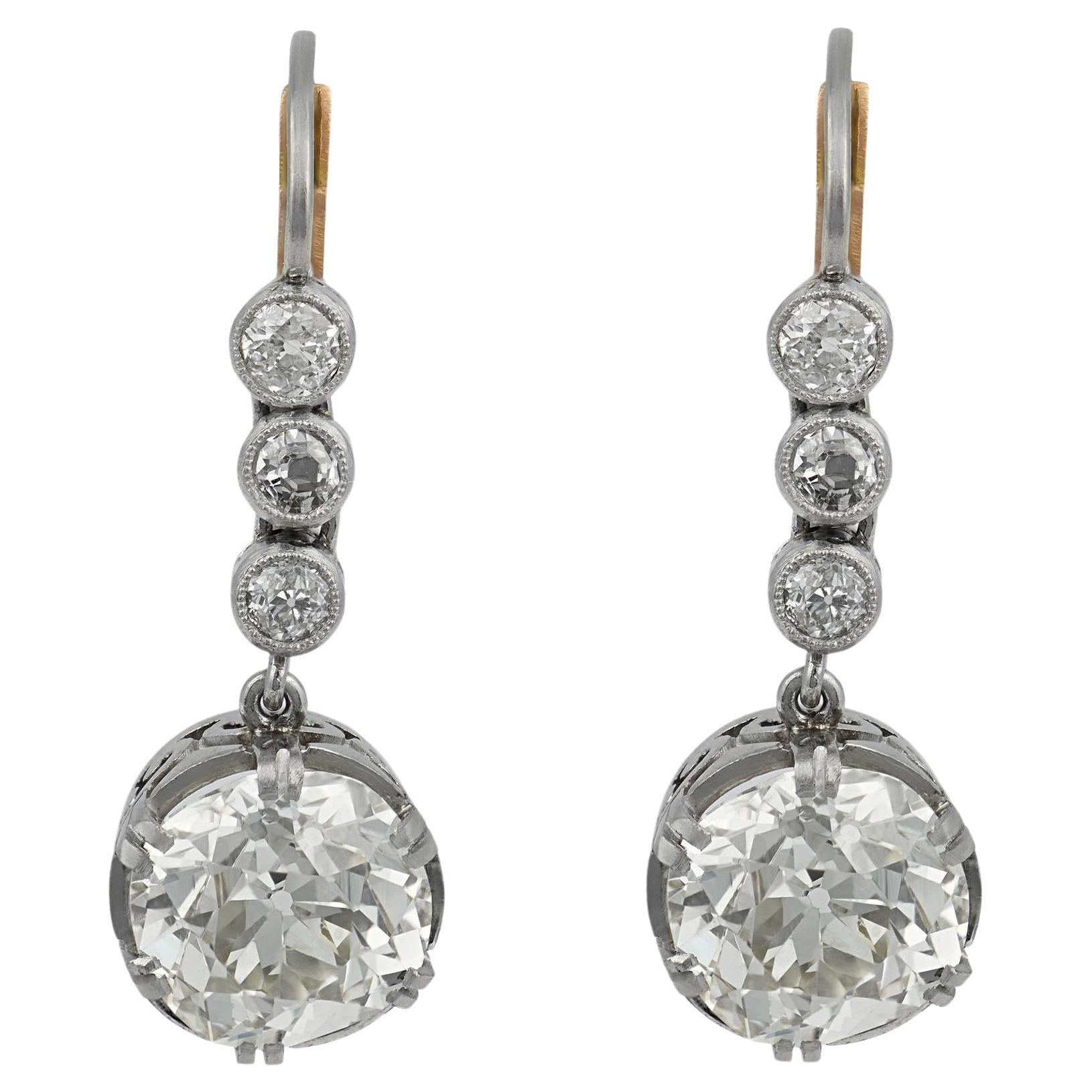 Edwardian GIA 5.67 carat old mine cut diamond platinum drop earrings