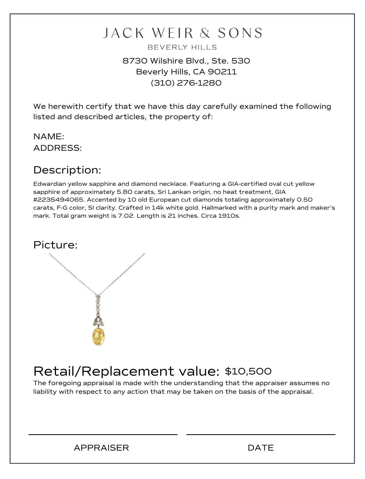 Edwardian GIA 5.80 carat yellow no heat sapphire diamond 14k white gold necklace In Excellent Condition In Beverly Hills, CA
