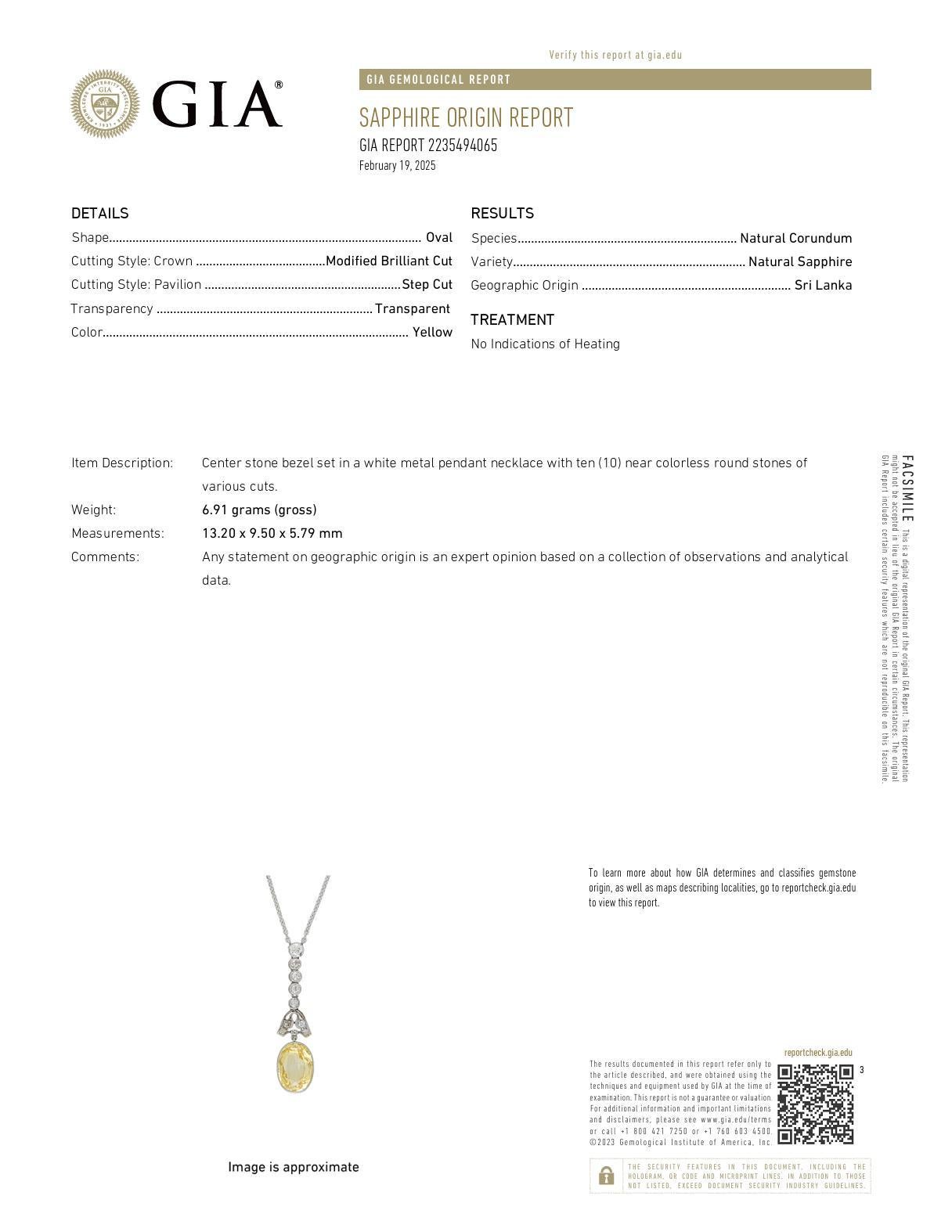 Women's or Men's Edwardian GIA 5.80 carat yellow no heat sapphire diamond 14k white gold necklace