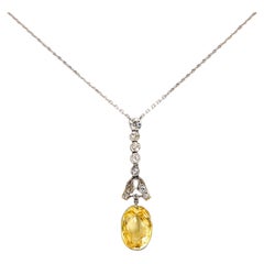 Edwardian GIA 5.80 carat yellow no heat sapphire diamond 14k white gold necklace