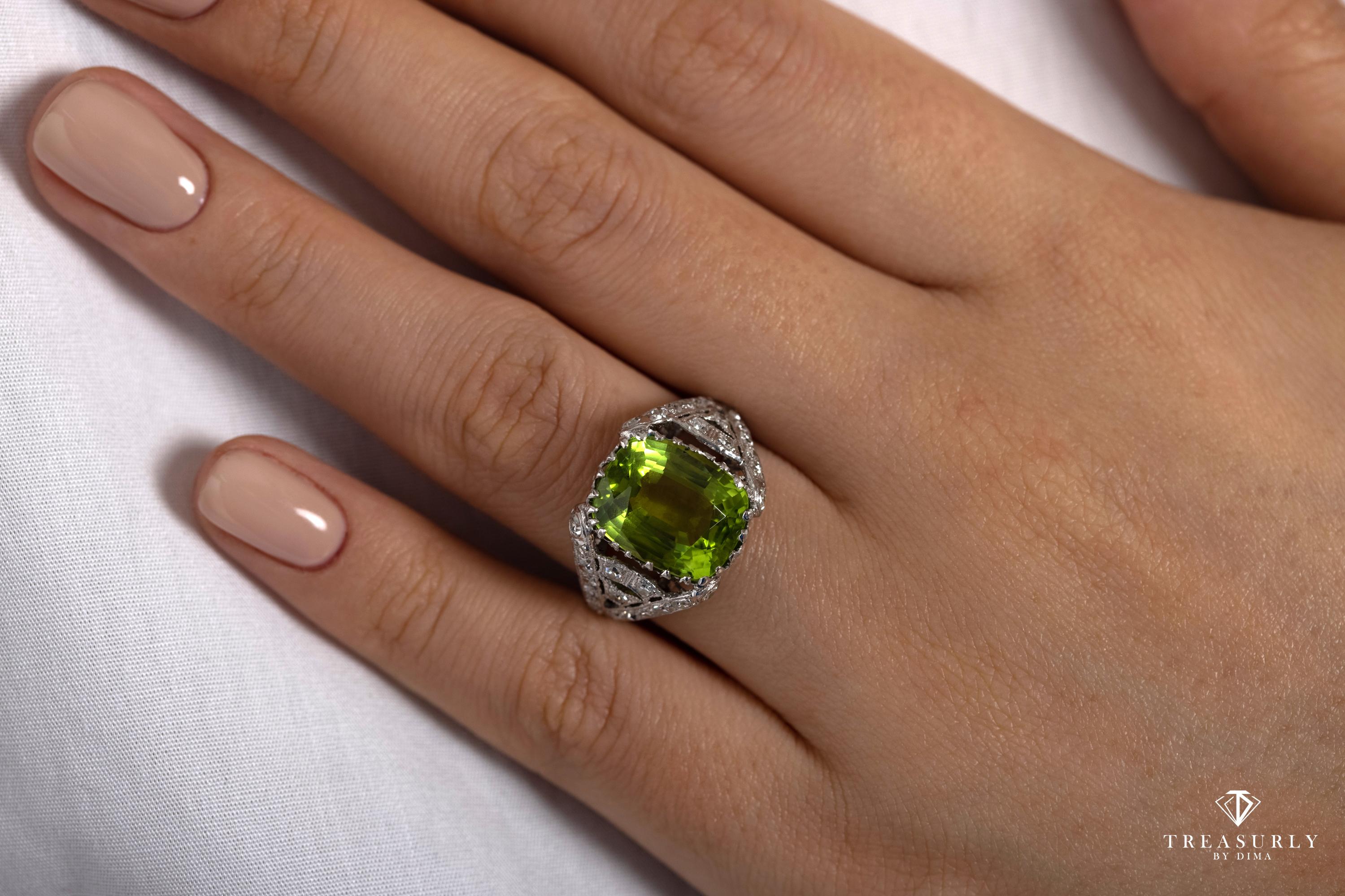 Edwardian GIA 7.87ct Peridot & Diamond Platinum Antique Vintage Ring 1