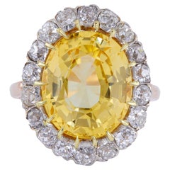 Edwardian GIA 8.59 Ceylon No Heat Yellow Sapphire Diamond 14k Cluster Ring