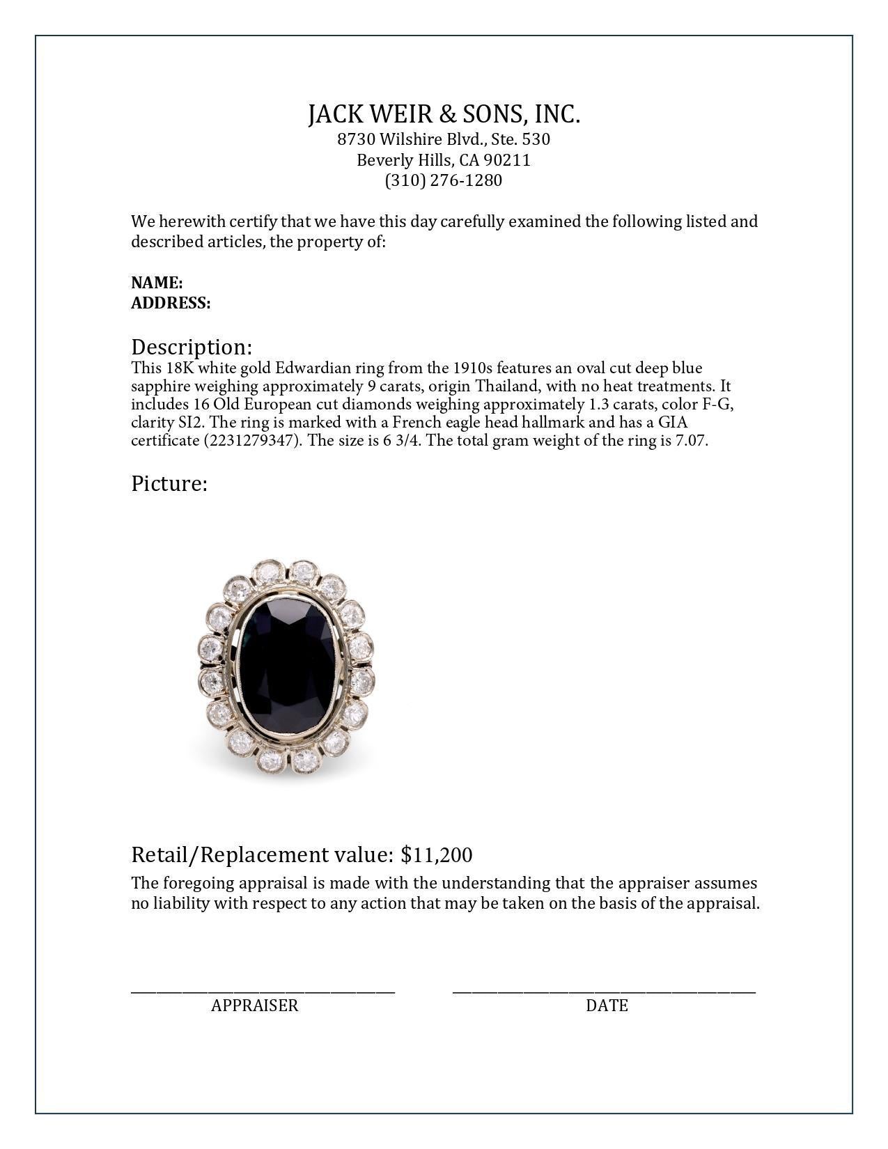Ring aus 18 Karat Weißgold mit edwardianischem GIA 9 Karat unbehandeltem ovalem Saphir und Diamant im Zustand „Hervorragend“ in Beverly Hills, CA