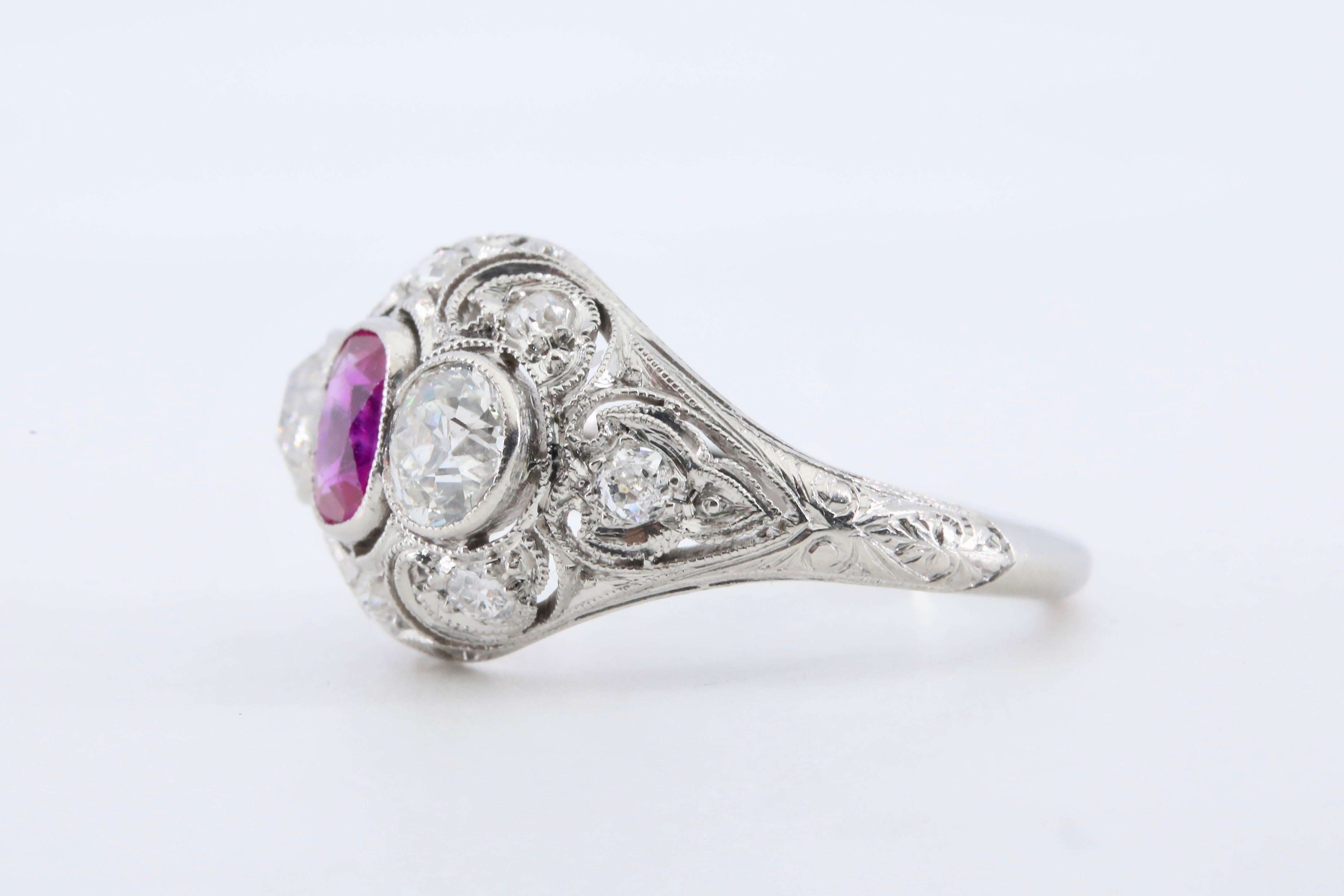 Antique Cushion Cut Edwardian GIA Burma No Heat Ruby & Diamond Filigree Ring For Sale