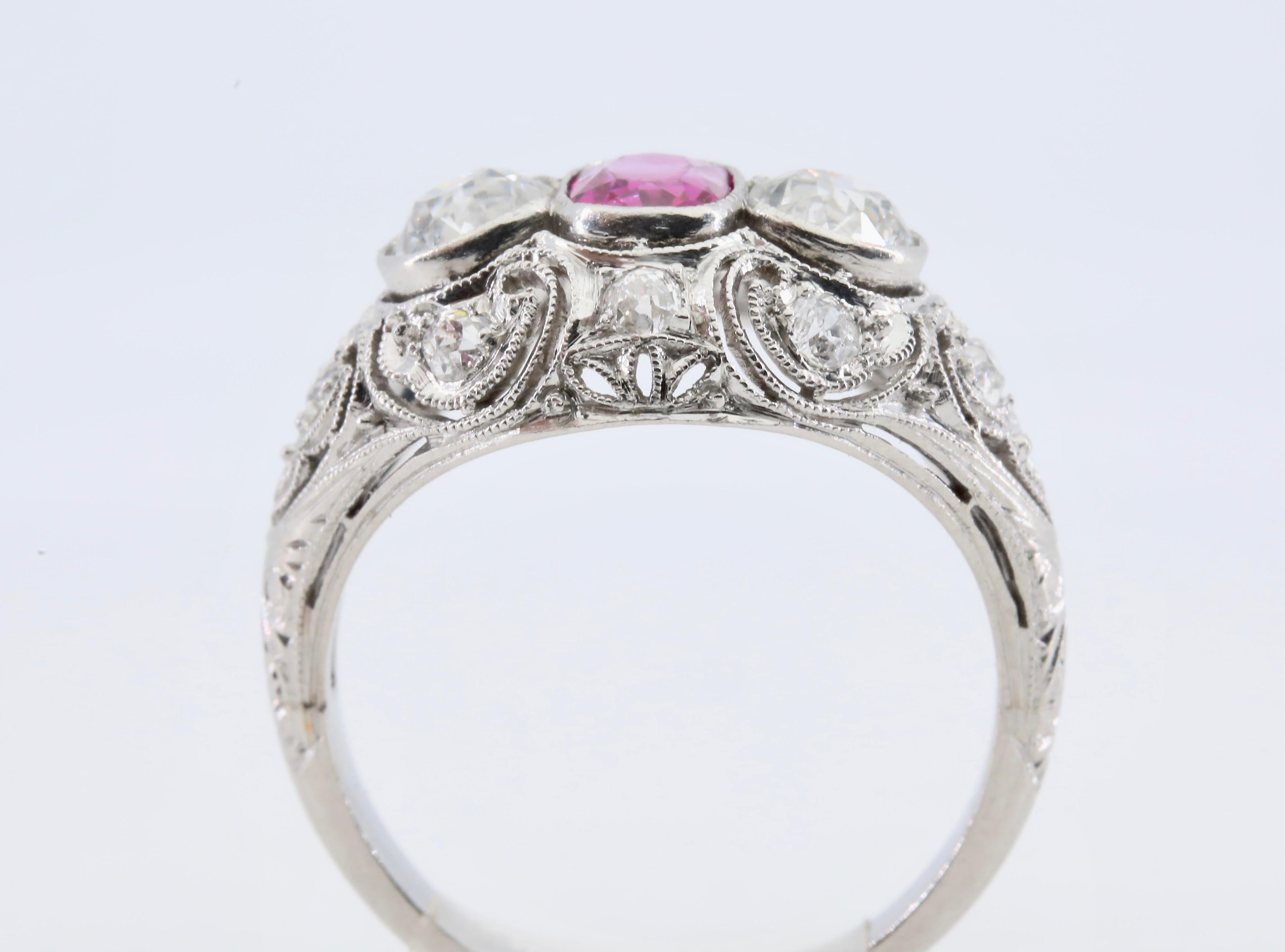 Edwardian GIA Burma No Heat Ruby & Diamond Filigree Ring In Excellent Condition For Sale In Boston, MA