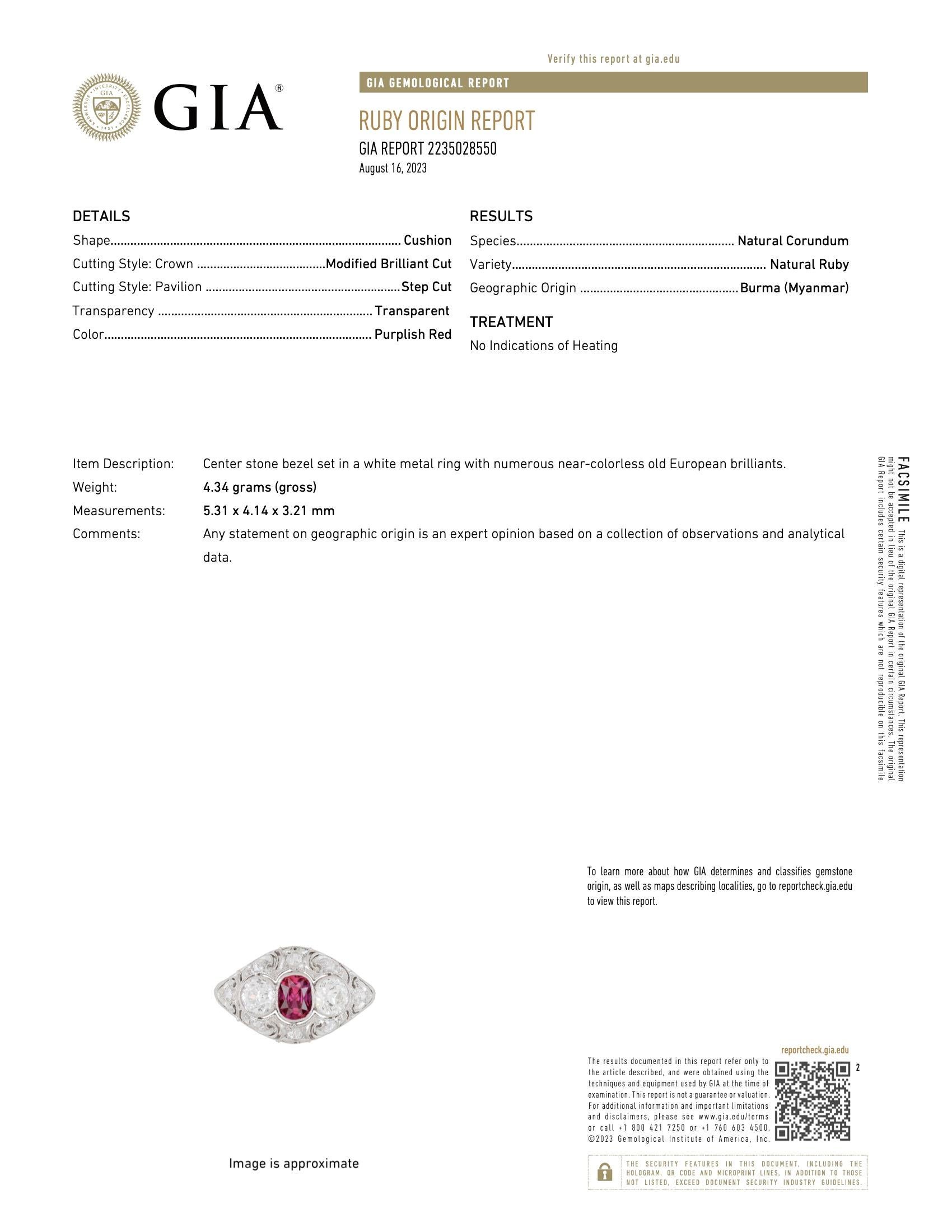 Women's Edwardian GIA Burma No Heat Ruby & Diamond Filigree Ring For Sale