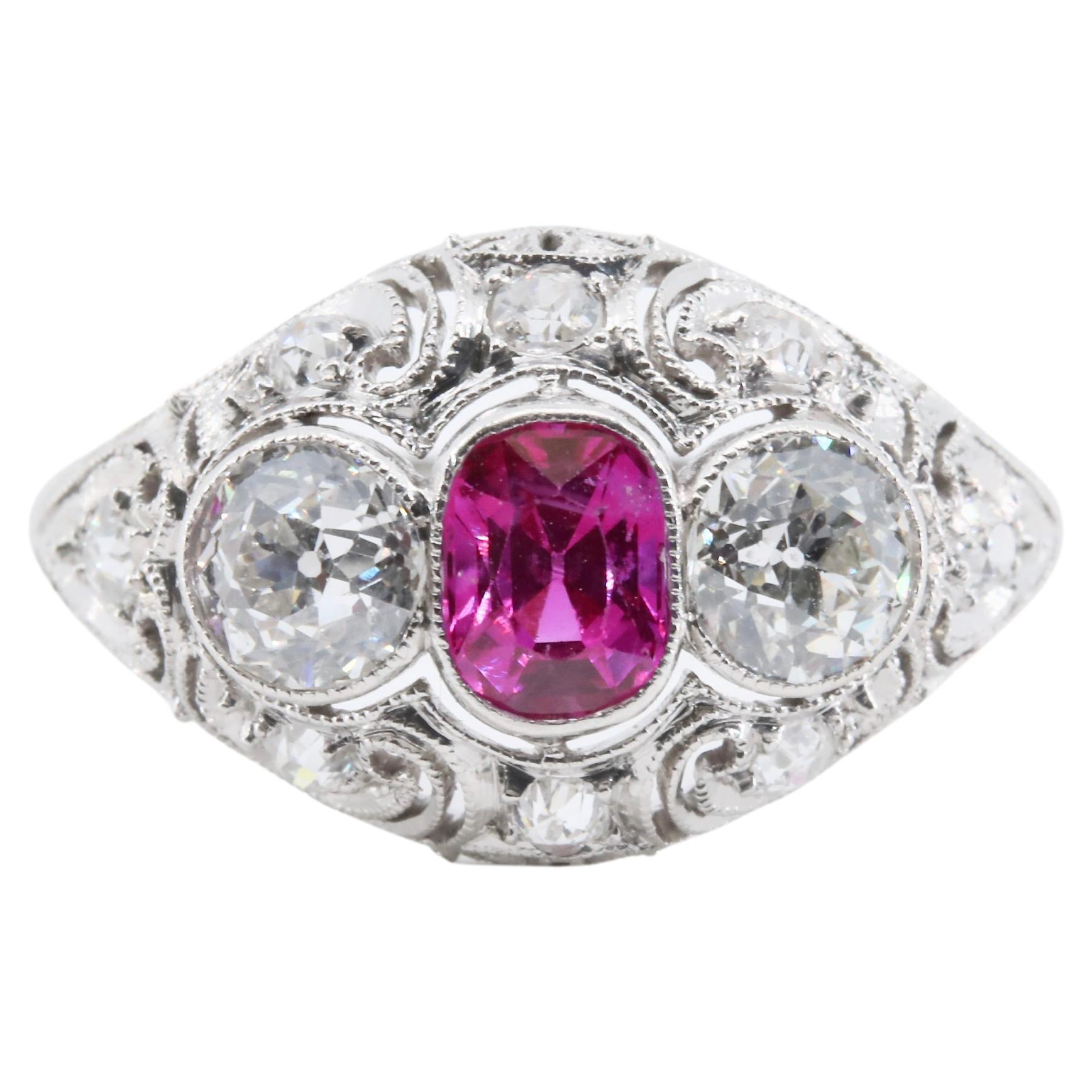 Edwardian GIA Burma No Heat Ruby & Diamond Filigree Ring For Sale