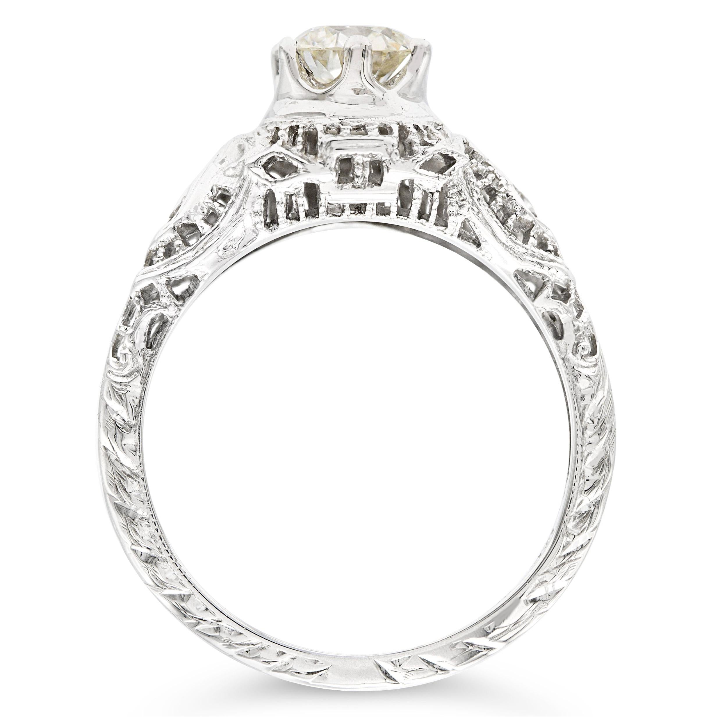 Edwardian GIA Certified 0.54 Ct. Filigree Solitaire Engagement Ring J VS2 In Good Condition For Sale In New York, NY