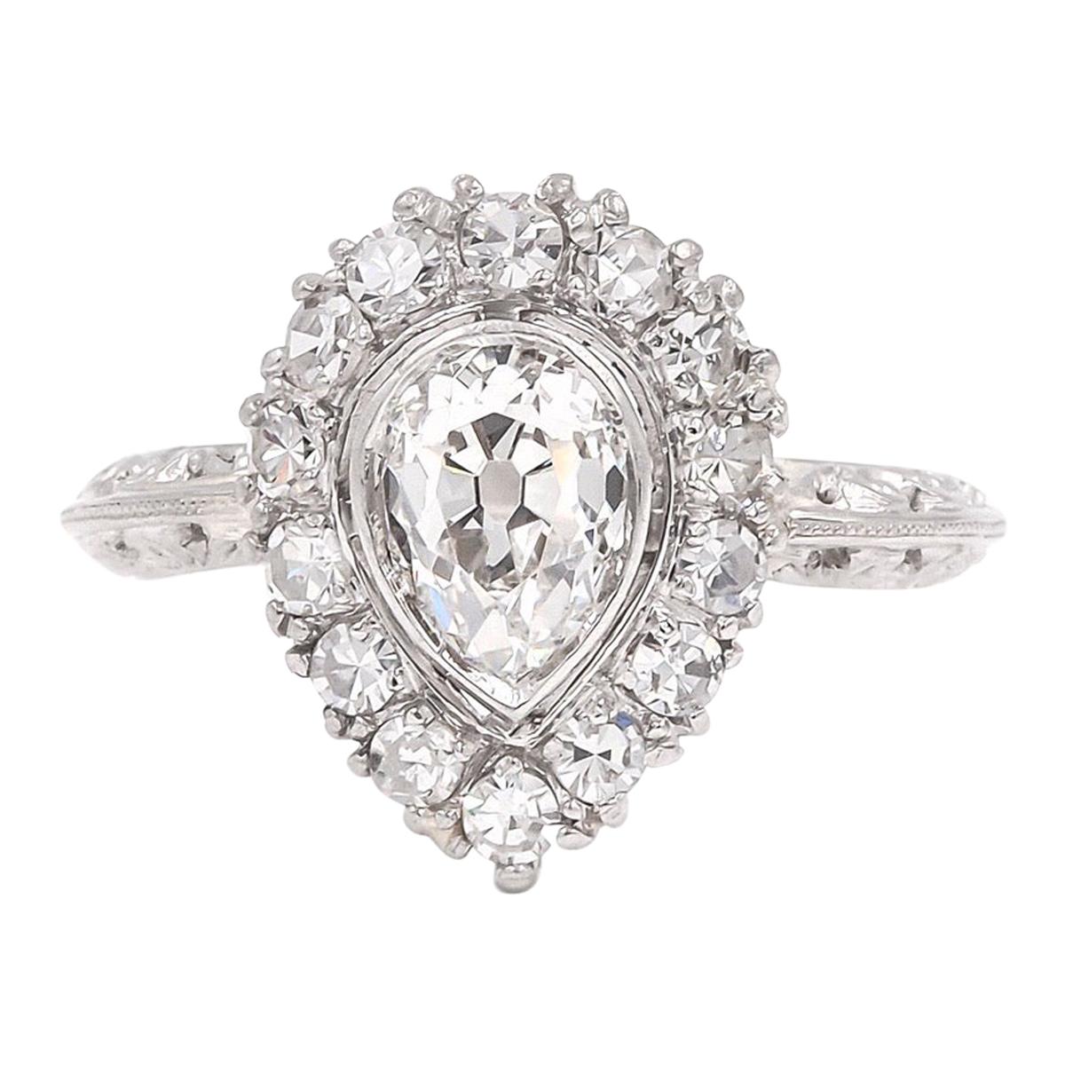 Edwardian GIA Certified 1.10 Carat Antique Pear Shape Diamond Cluster Ring