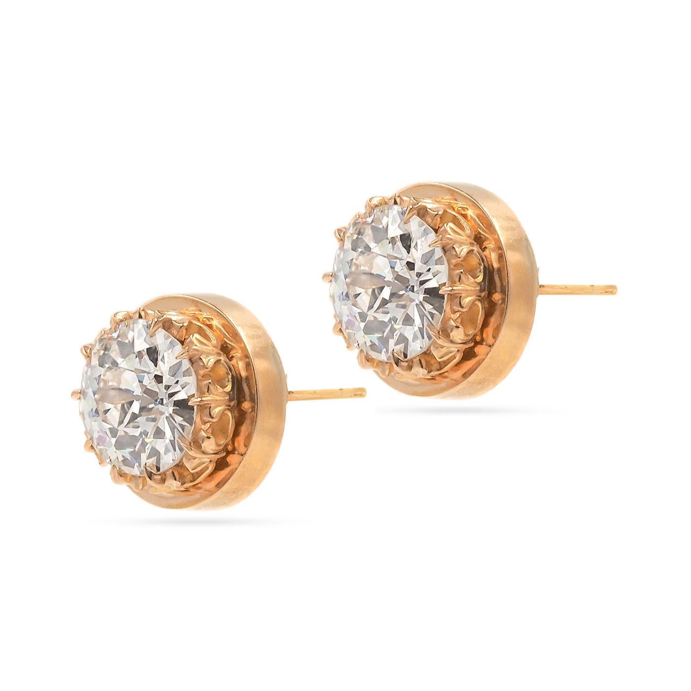 Edwardian era Old European Cut Diamond Stud Earrings composed of 18k yellow gold. Set with two Old European Cut Diamonds, one is 1.43 carats and GIA certified J color/SI2 clarity, and the other is 1.37 carats and GIA certified K color/SI2 clarity.