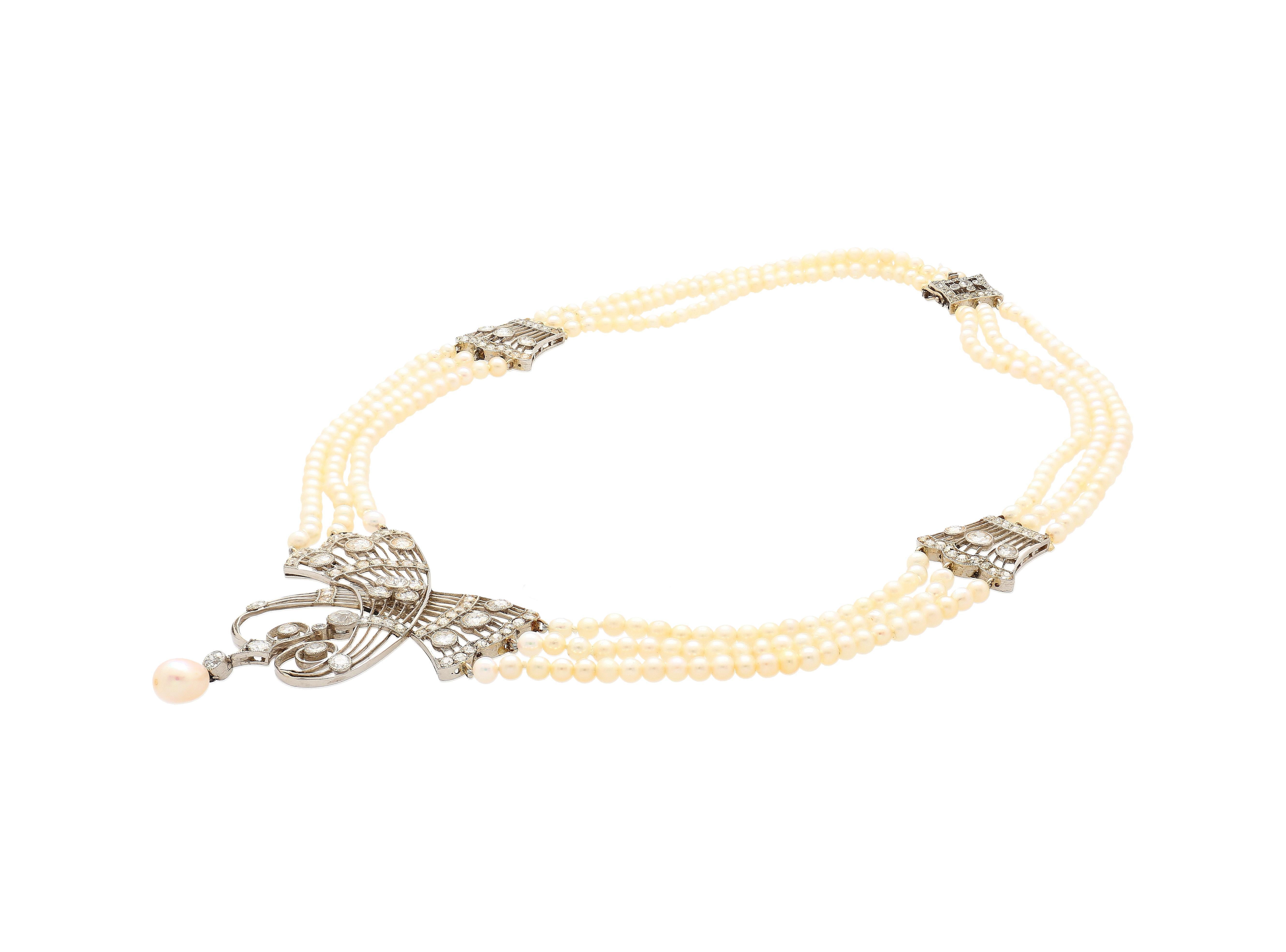 Collana edoardiana con perle d'acqua salata certificate GIA e diamanti taglio euro antico in vendita 4
