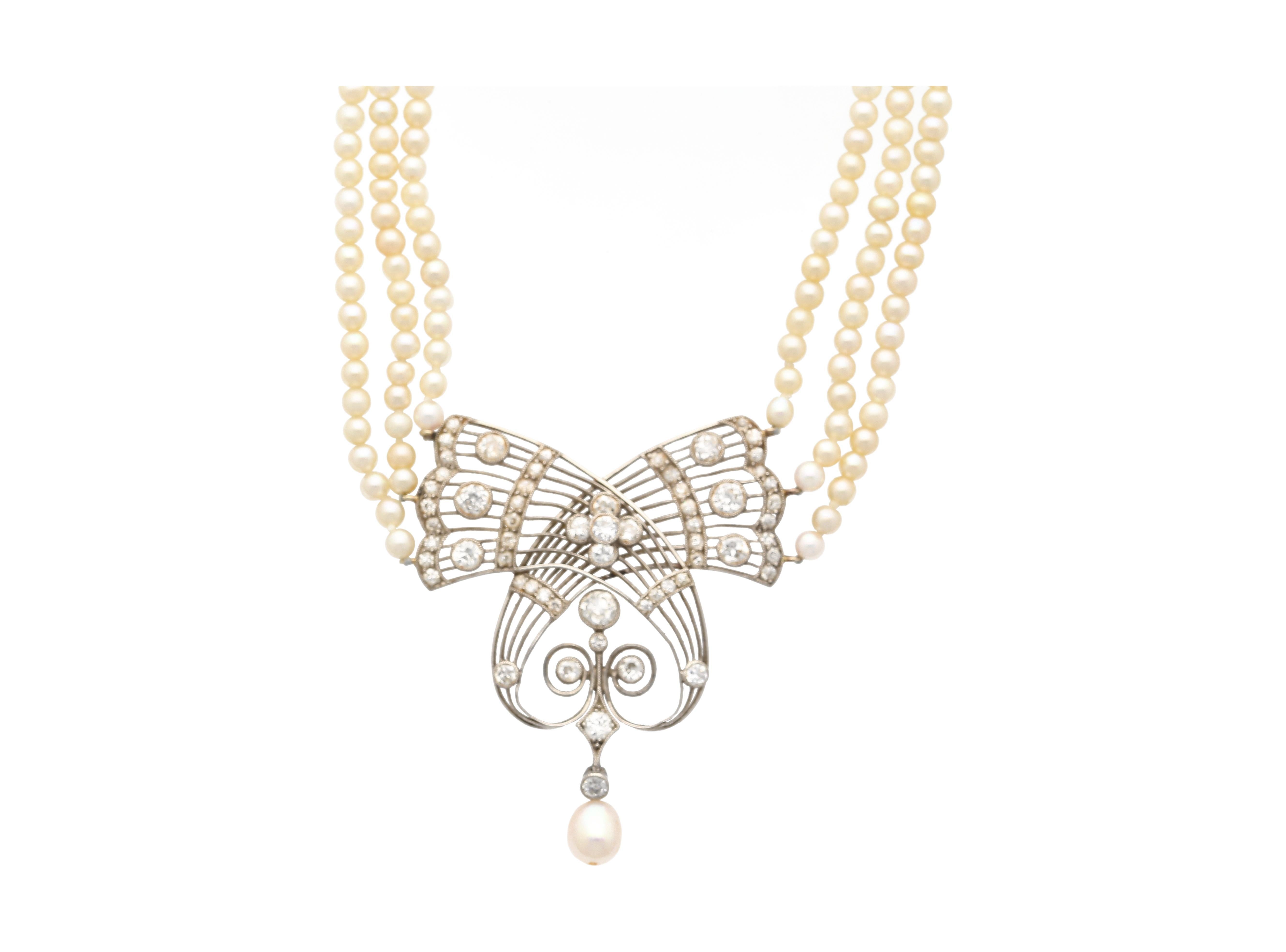Collana edoardiana con perle d'acqua salata certificate GIA e diamanti taglio euro antico in vendita 5