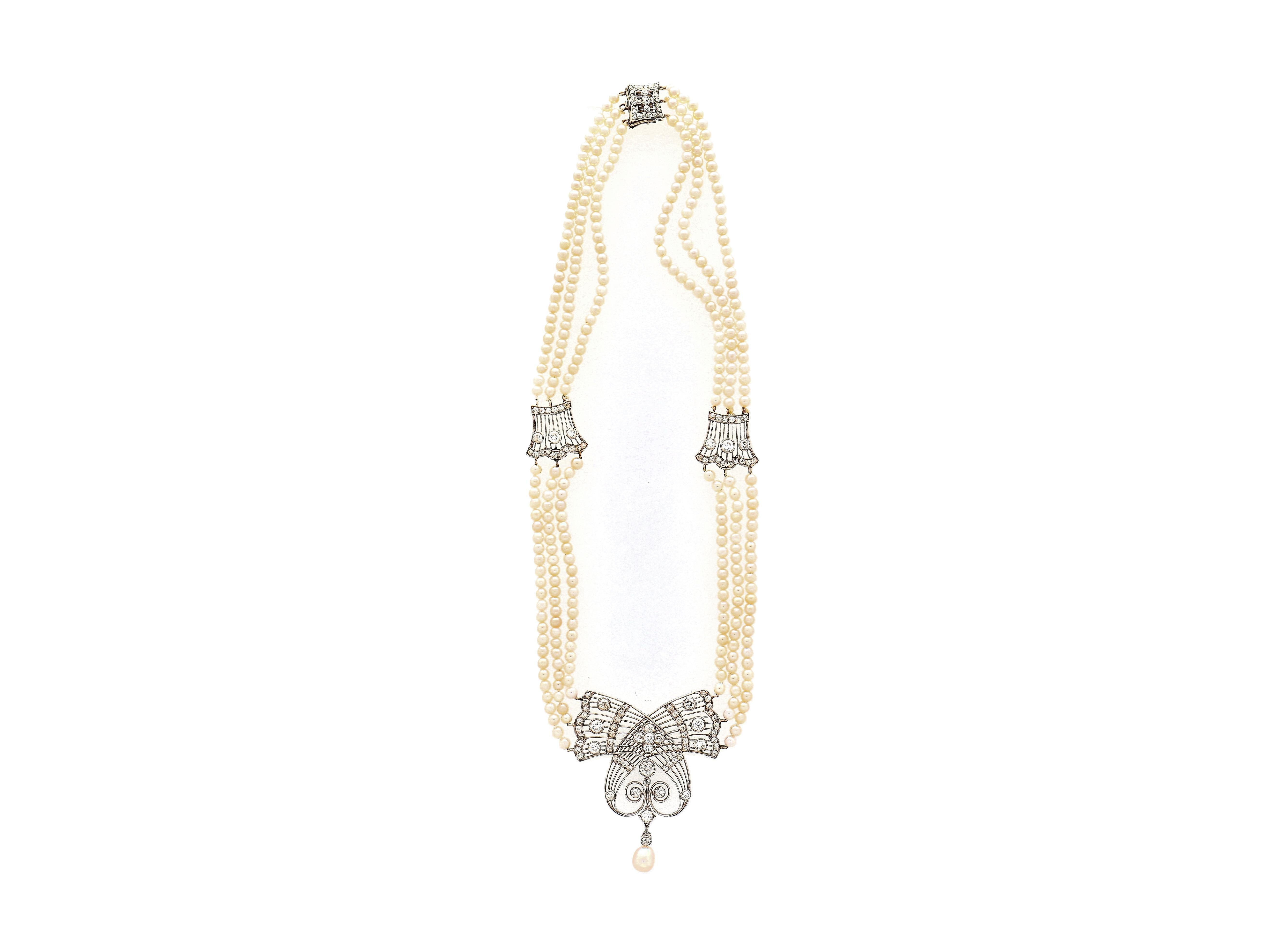 Collana edoardiana con perle d'acqua salata certificate GIA e diamanti taglio euro antico in vendita 6