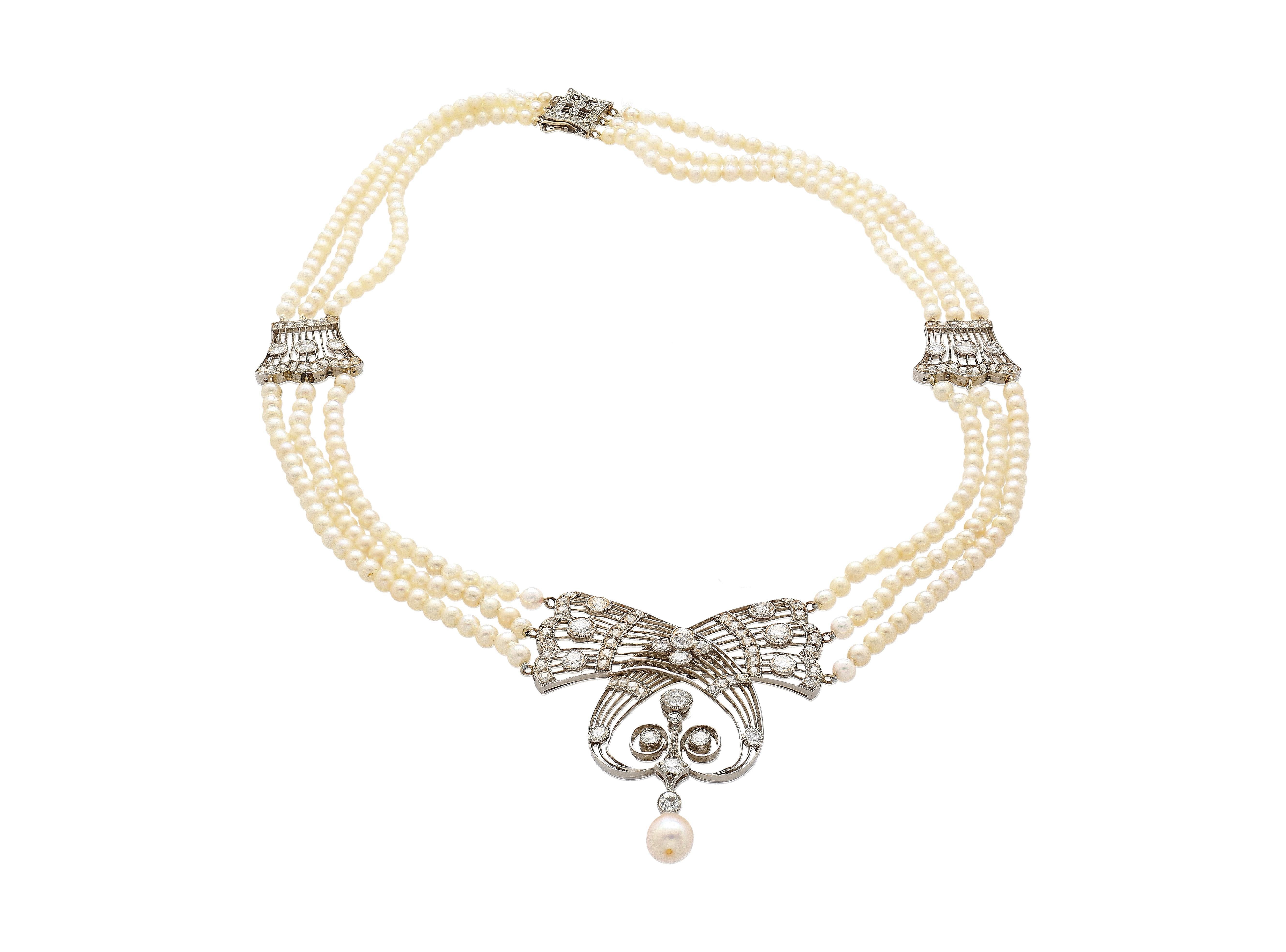 Collana edoardiana con perle d'acqua salata certificate GIA e diamanti taglio euro antico in vendita 7