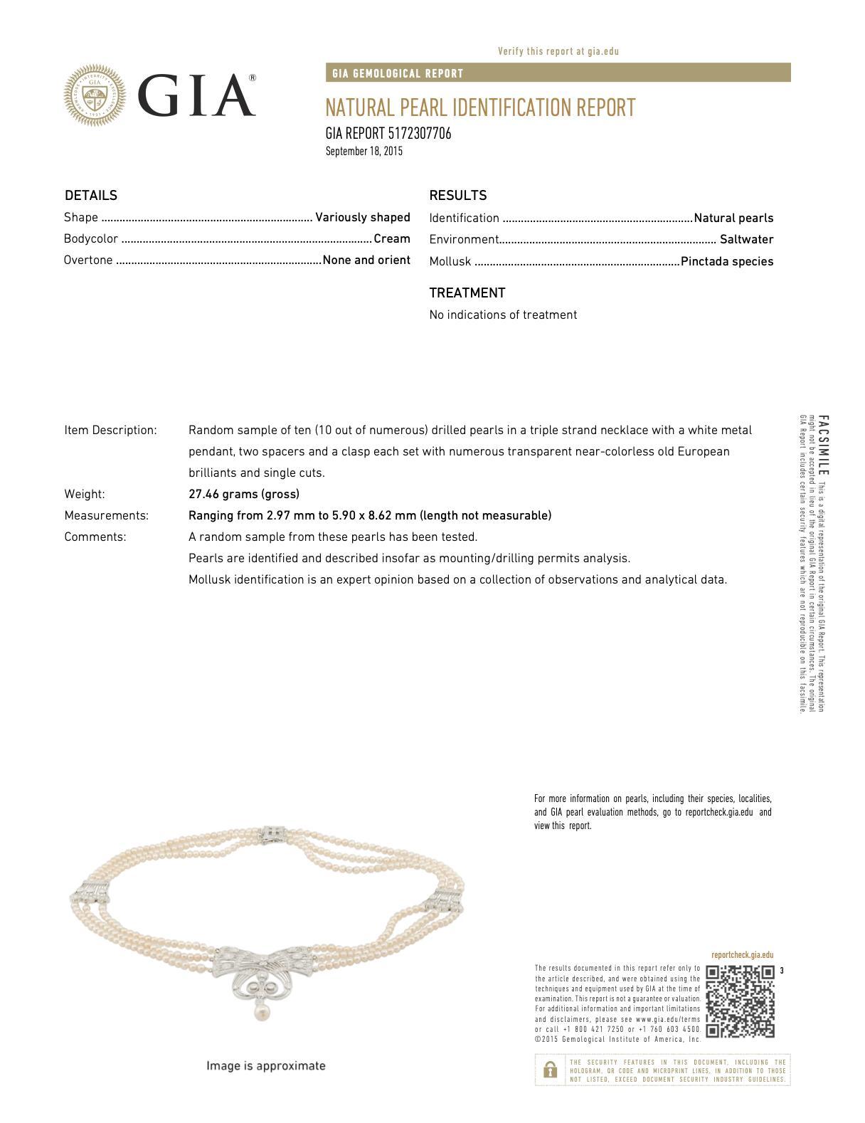Collana originale di perle d'acqua salata e diamanti certificata GIA di epoca edoardiana con montatura in platino. Le perle sono tutte naturali, non trattate e con un'eccellente lucentezza. Chiusura a scatola e lunghezza di 14 pollici. Questa