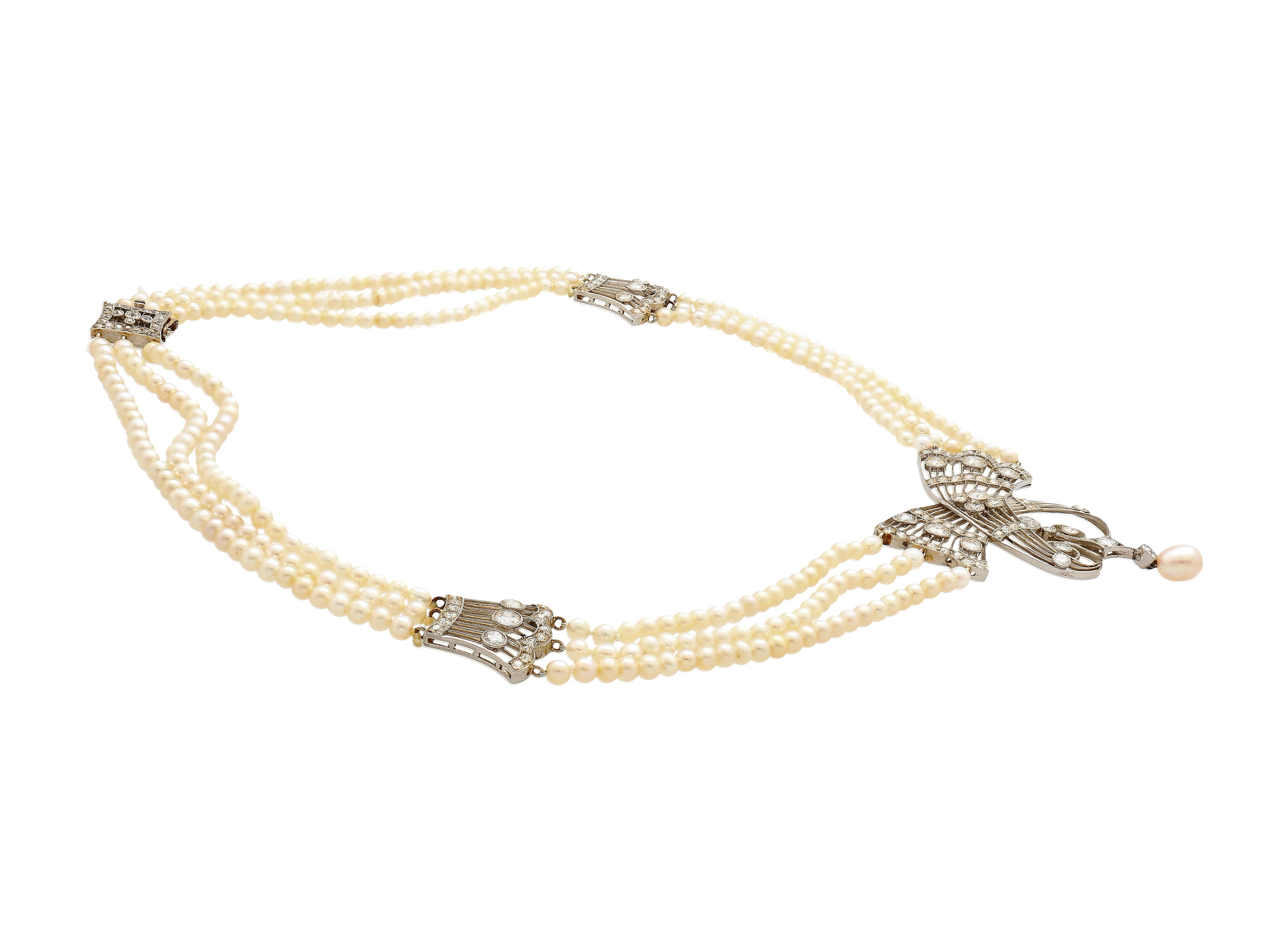 Taglio antico europeo Collana edoardiana con perle d'acqua salata certificate GIA e diamanti taglio euro antico in vendita