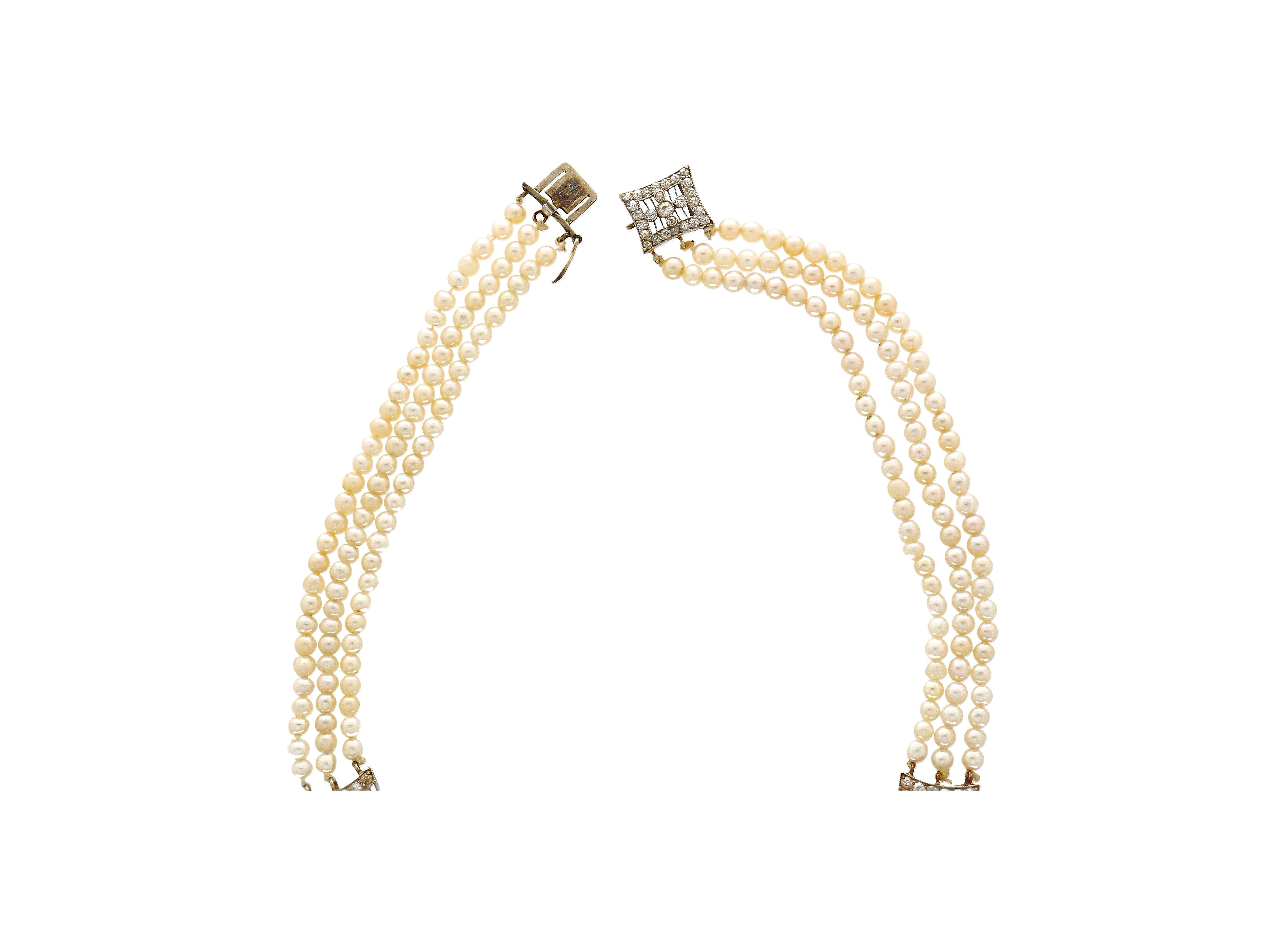 Collana edoardiana con perle d'acqua salata certificate GIA e diamanti taglio euro antico In condizioni buone in vendita a Miami, FL