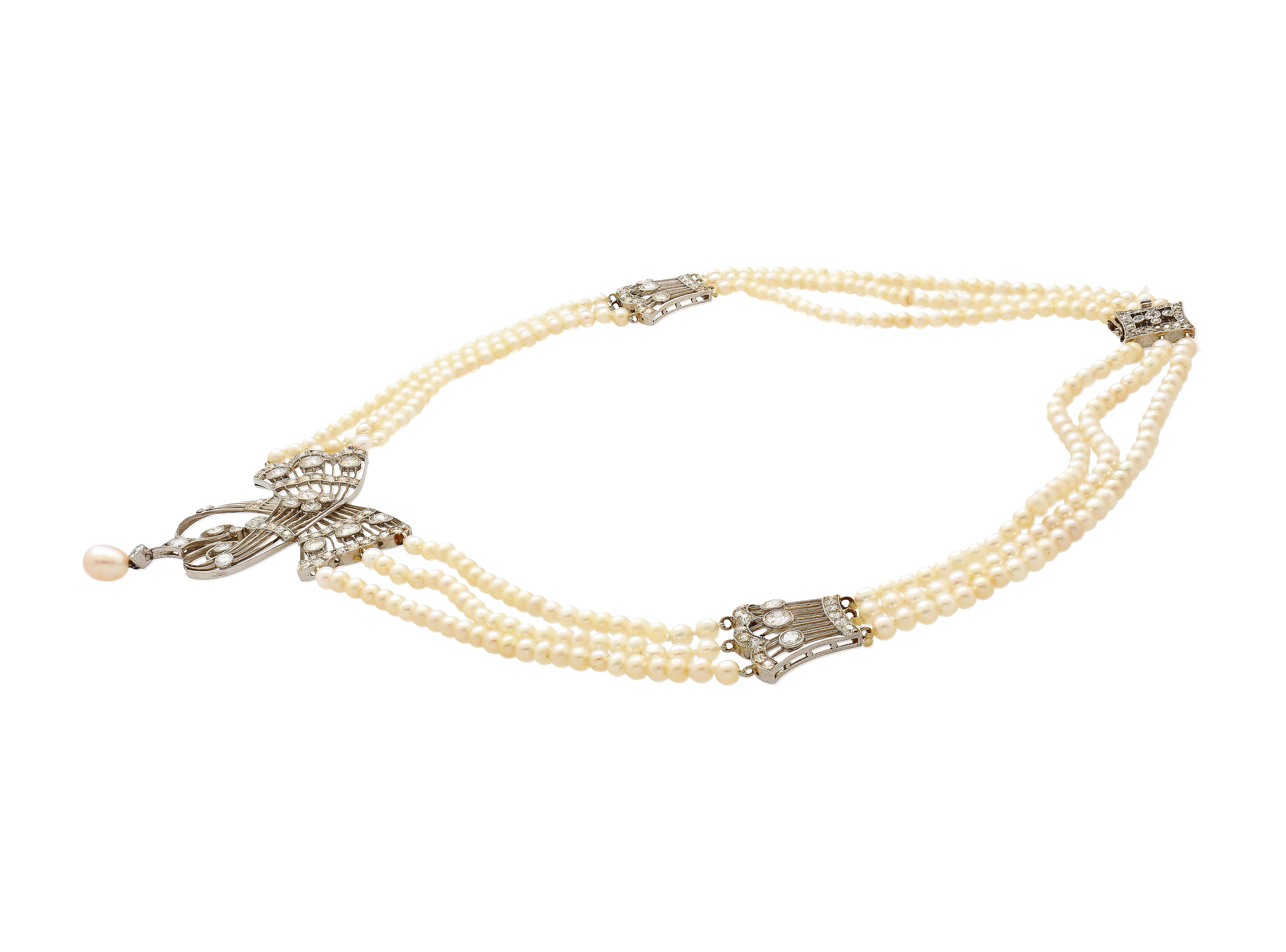 Collana edoardiana con perle d'acqua salata certificate GIA e diamanti taglio euro antico in vendita 1