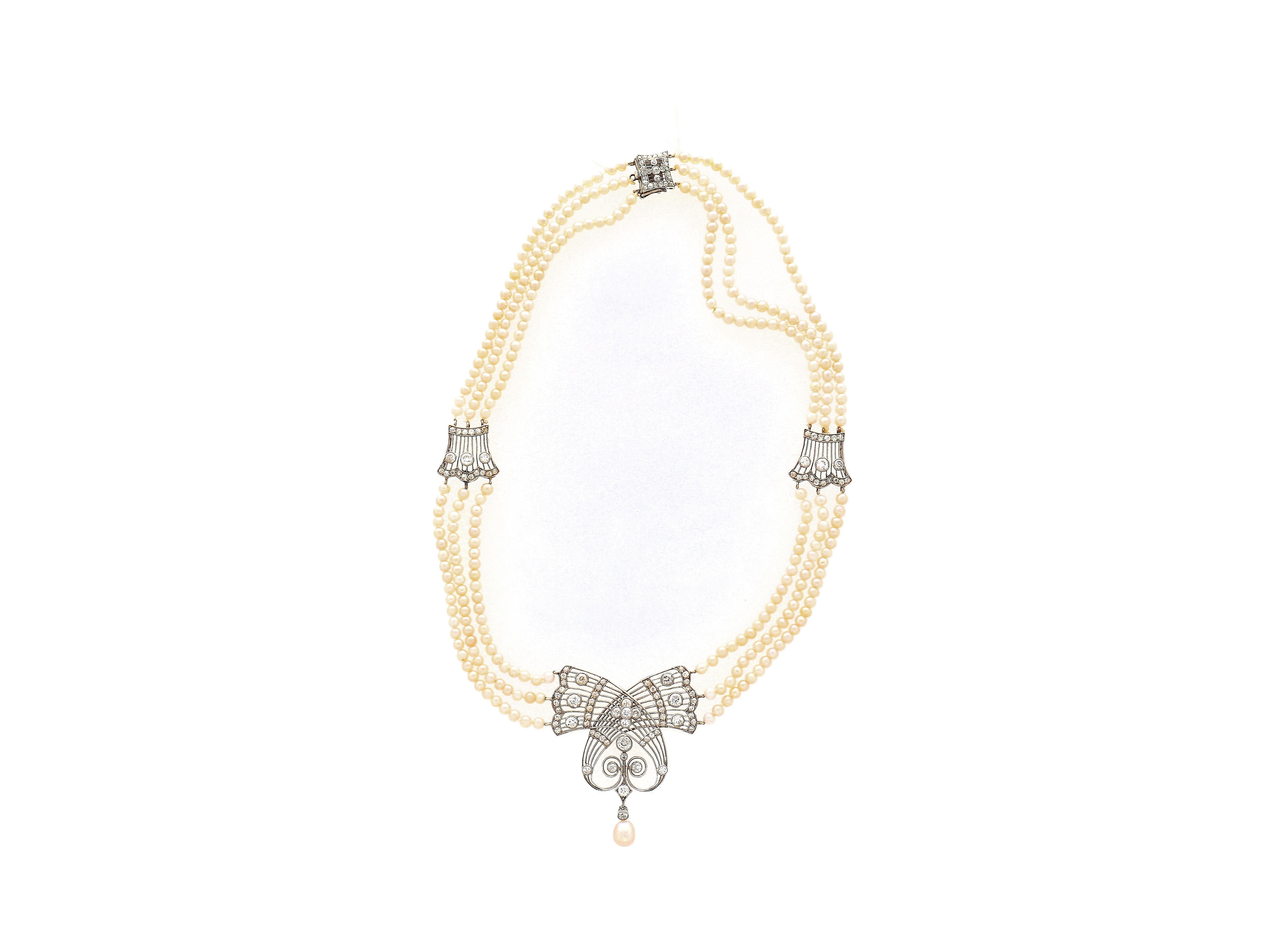 Collana edoardiana con perle d'acqua salata certificate GIA e diamanti taglio euro antico in vendita 2