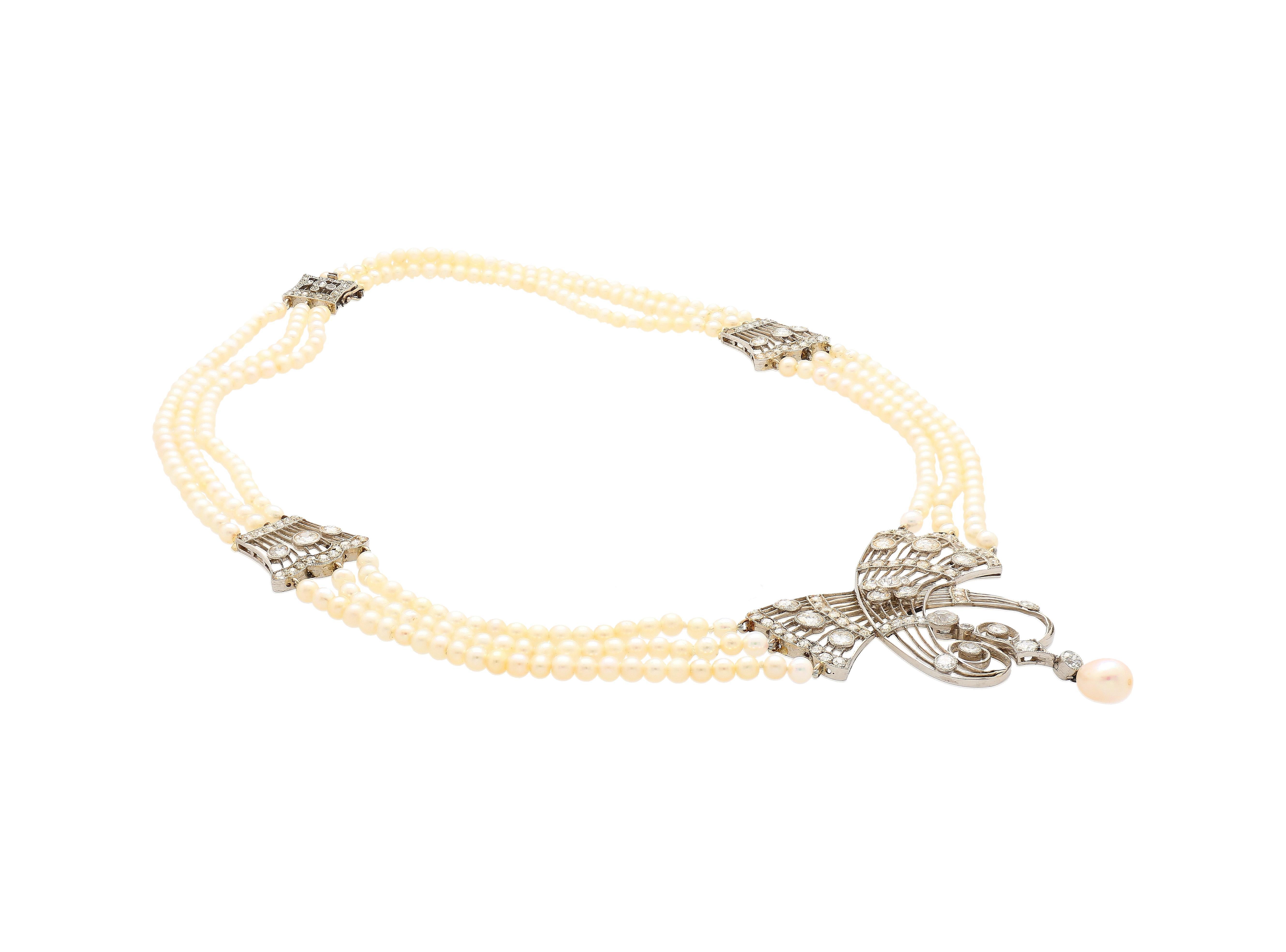 Collana edoardiana con perle d'acqua salata certificate GIA e diamanti taglio euro antico in vendita 3