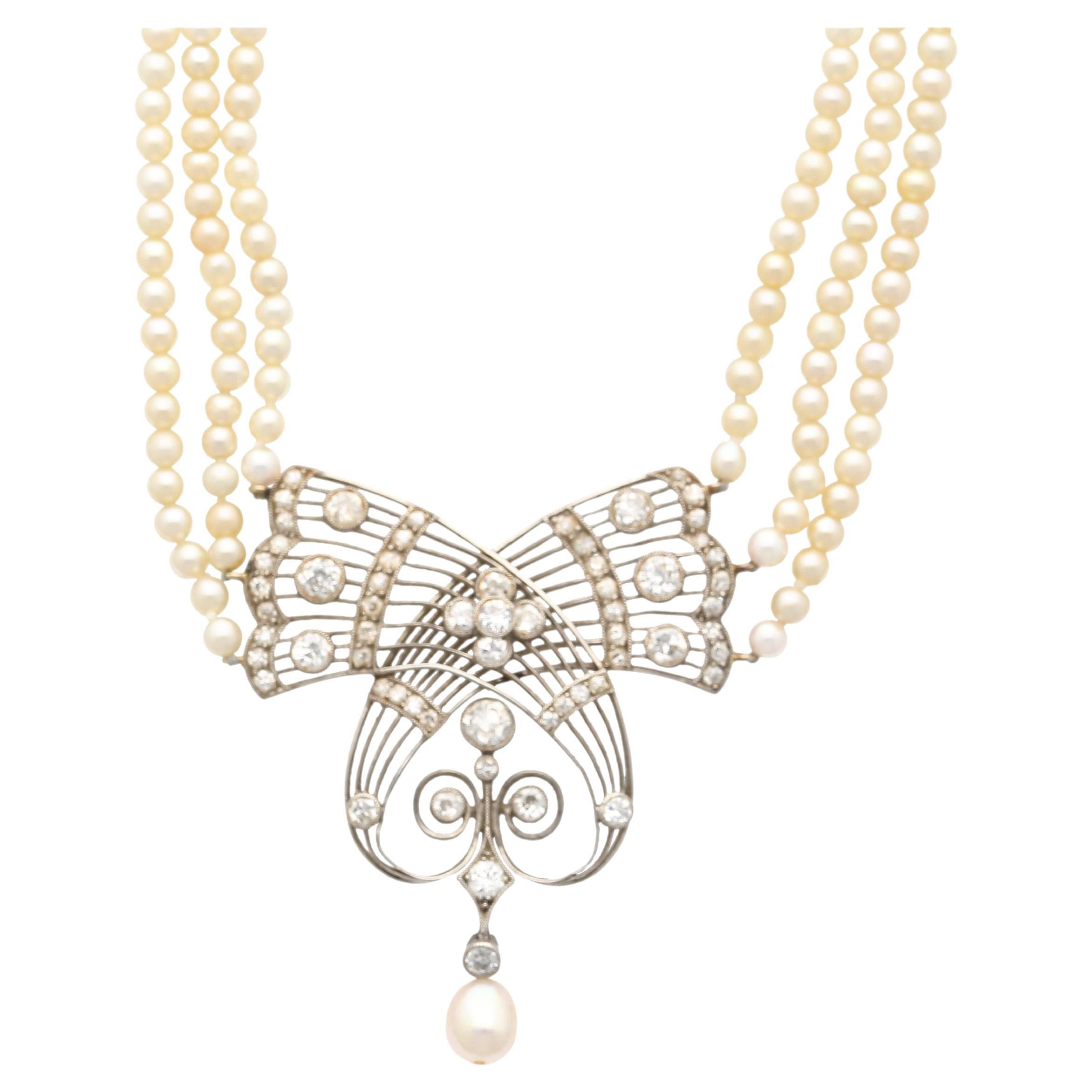 Collana edoardiana con perle d'acqua salata certificate GIA e diamanti taglio euro antico in vendita