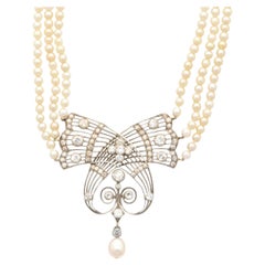 Edwardian GIA zertifiziert Salzwasser Perle & Old Euro Cut Diamond Halskette