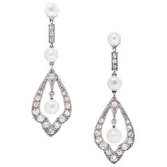 GIA Natural Pearl and Diamond Edwardian Earrings Set in 18 Karat White Gold