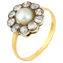 Edwardian GIA natural pearl diamond 18k yellow gold cluster engagement ring
