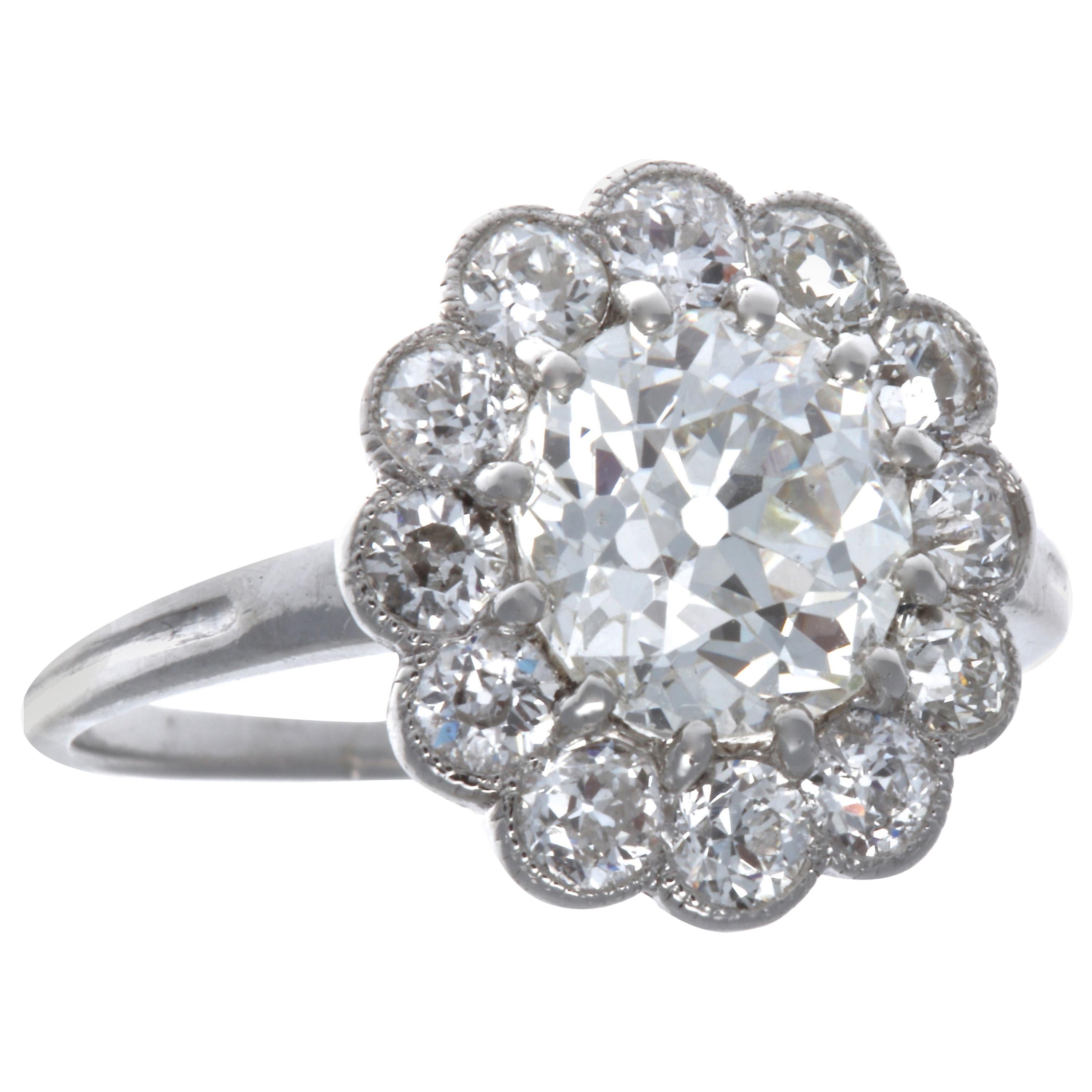 Edwardian GIA Old European Cut 1.73 J SI1 Diamond Platinum Engagement Ring