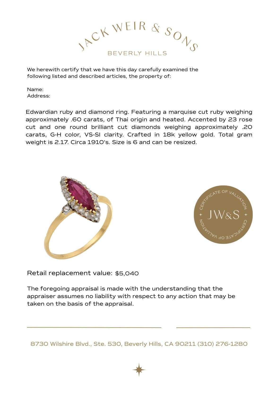 Anello GIA di epoca edoardiana con rubino e diamante in oro giallo 18 ct. In condizioni buone in vendita a Beverly Hills, CA