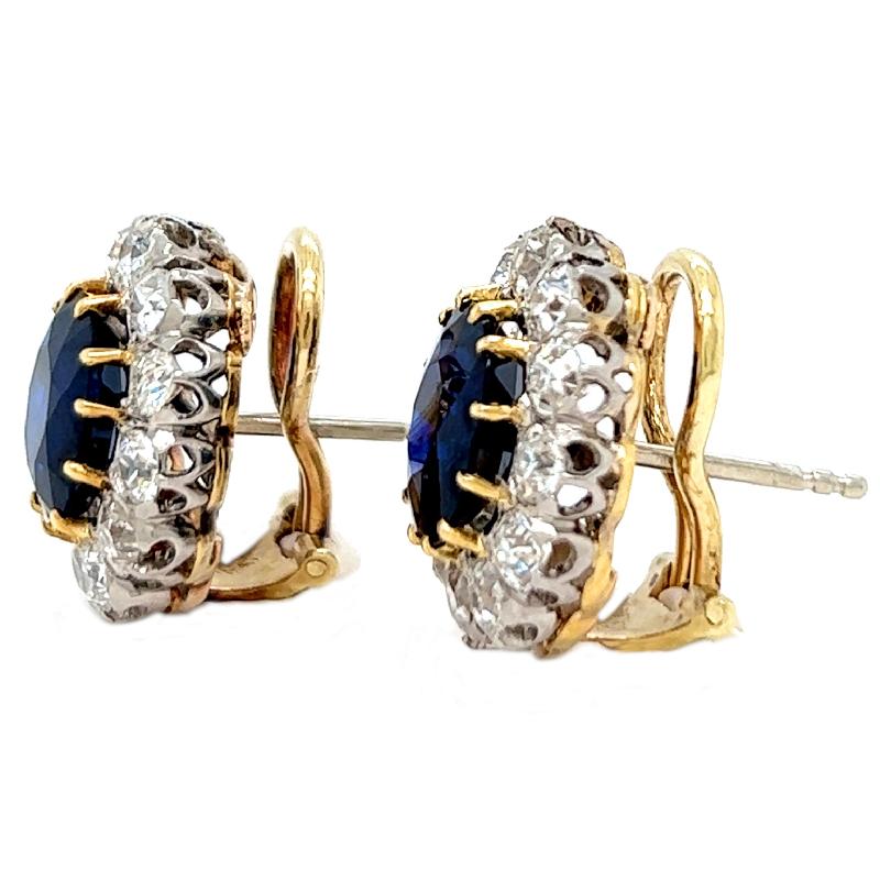 Women's or Men's Edwardian GIA Sapphire Diamond Platinum 14K Yellow Gold Cluster Earrings