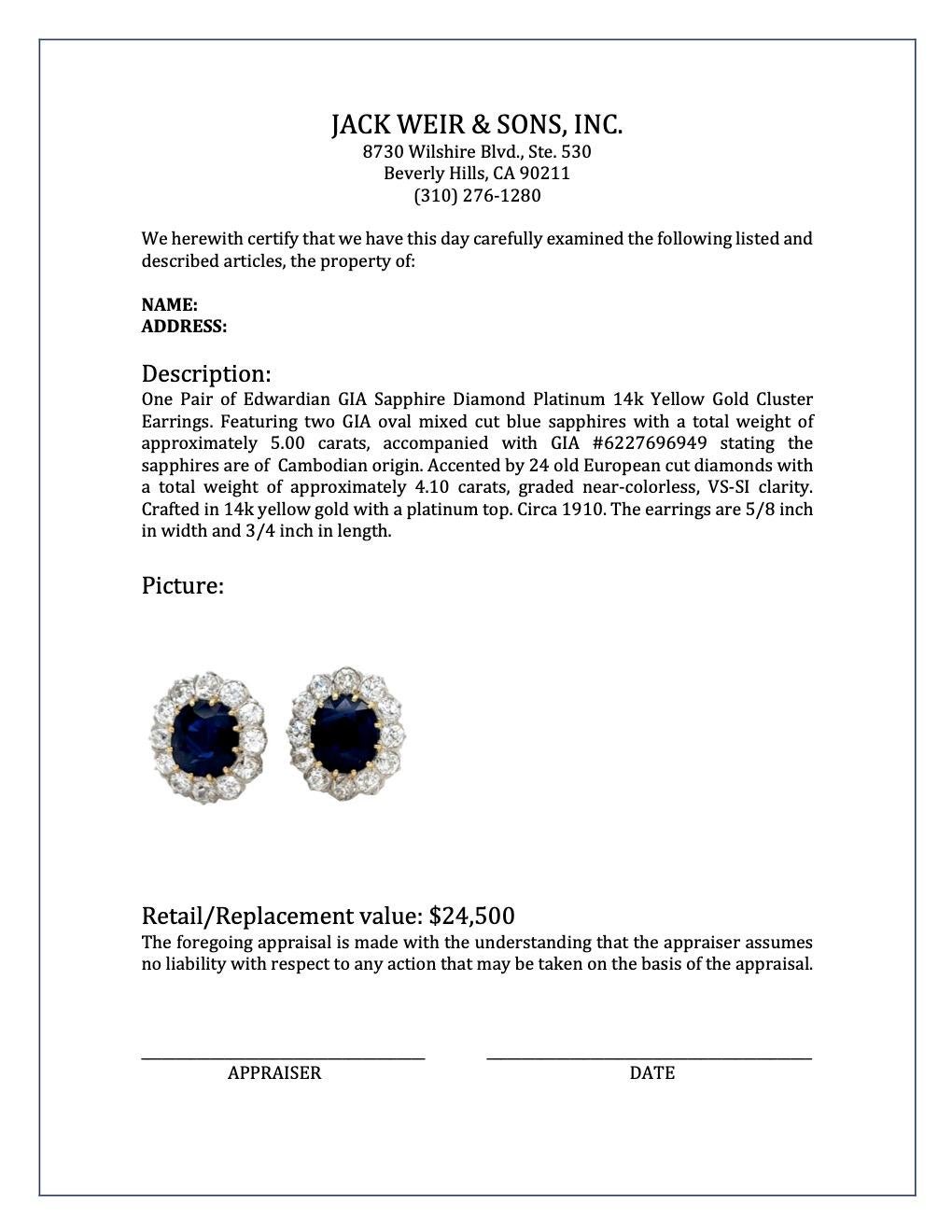 Edwardian GIA Sapphire Diamond Platinum 14K Yellow Gold Cluster Earrings 3