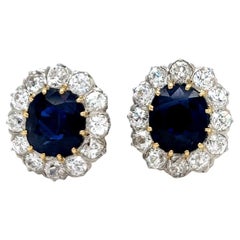 Antique Edwardian GIA Sapphire Diamond Platinum 14K Yellow Gold Cluster Earrings