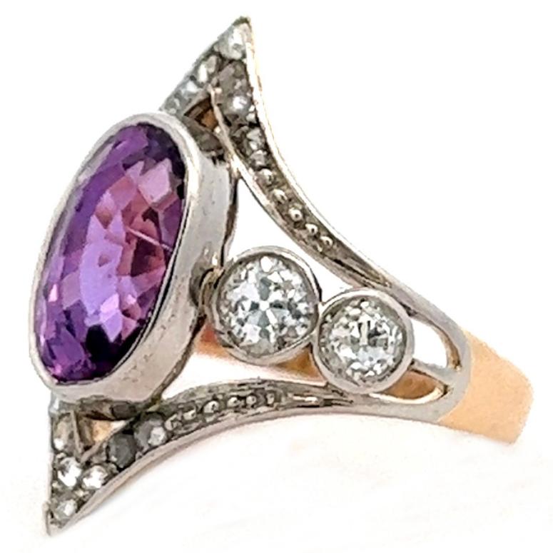 Women's or Men's Edwardian GIA Sri Lanka Purple Pink Sapphire Diamond 14k Rose Gold Dinner Ring