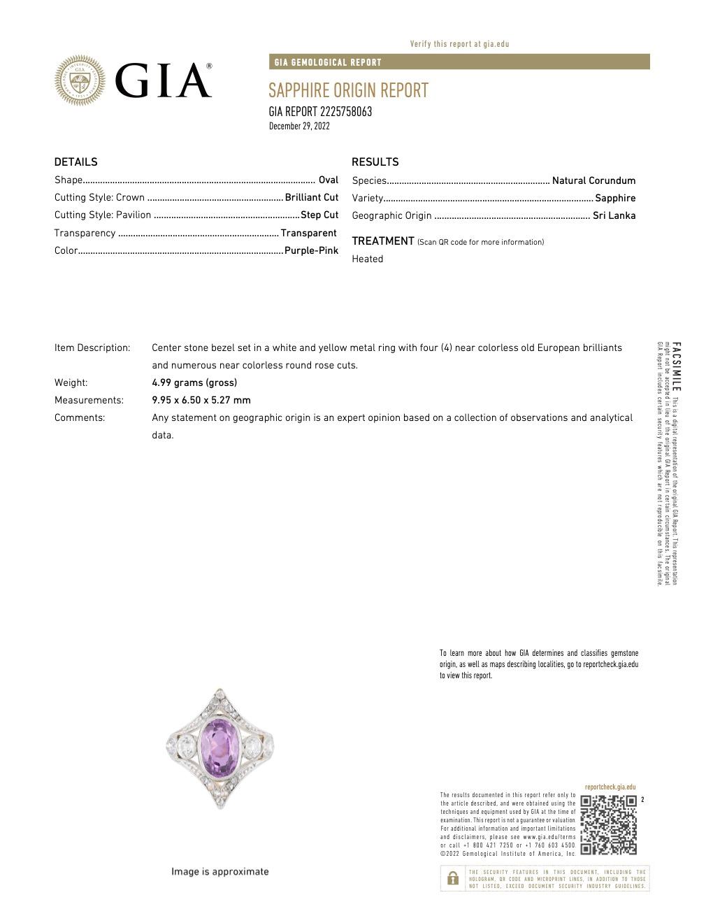 Edwardian GIA Sri Lanka Purple Pink Sapphire Diamond 14k Rose Gold Dinner Ring 2