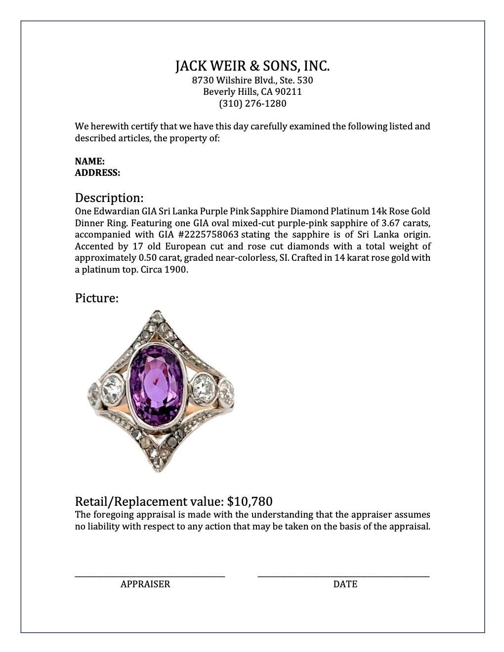 Edwardian GIA Sri Lanka Purple Pink Sapphire Diamond 14k Rose Gold Dinner Ring 3
