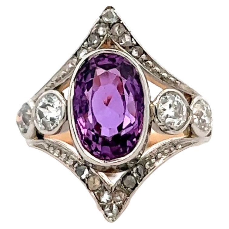 Edwardian GIA Sri Lanka Purple Pink Sapphire Diamond 14k Rose Gold Dinner Ring