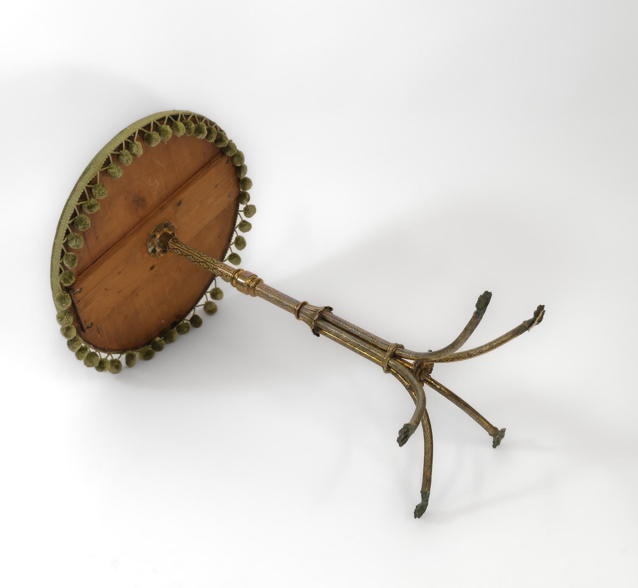 20th Century Edwardian Gilt Brass Gypsy Style Side Table With Olive Green Velvet Tassled Top