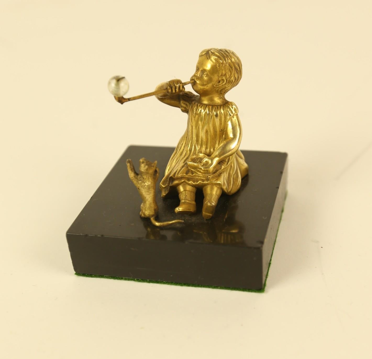 Belgian Edwardian Gilt Bronze Figure of a Girl & cat For Sale