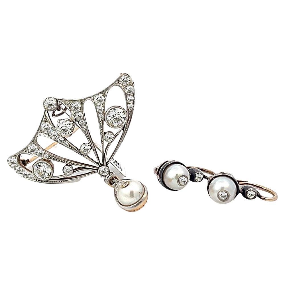 Antique Diamond and Pearl Platinum Brooch and Earrings Set For Sale