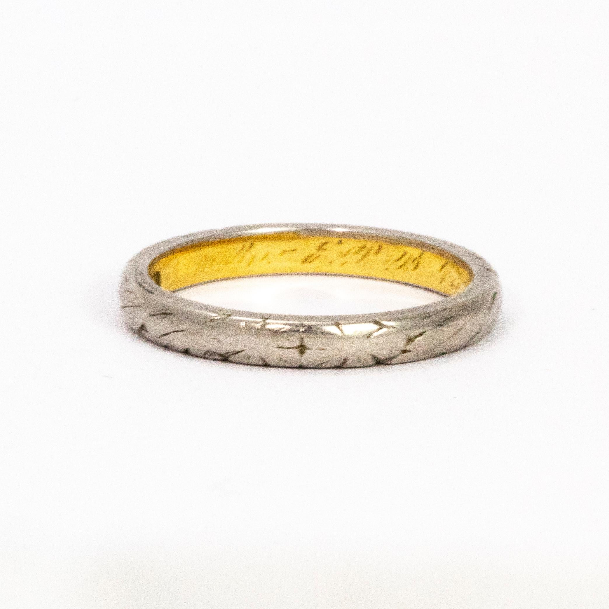 How beautiful is this ring!? This Edwardian ring has an inscription that we can only just make out, i can see that the date reads 1914 but due to the age and of course the wear the rest is hard to make out. The inner of the ring is yellow gold and