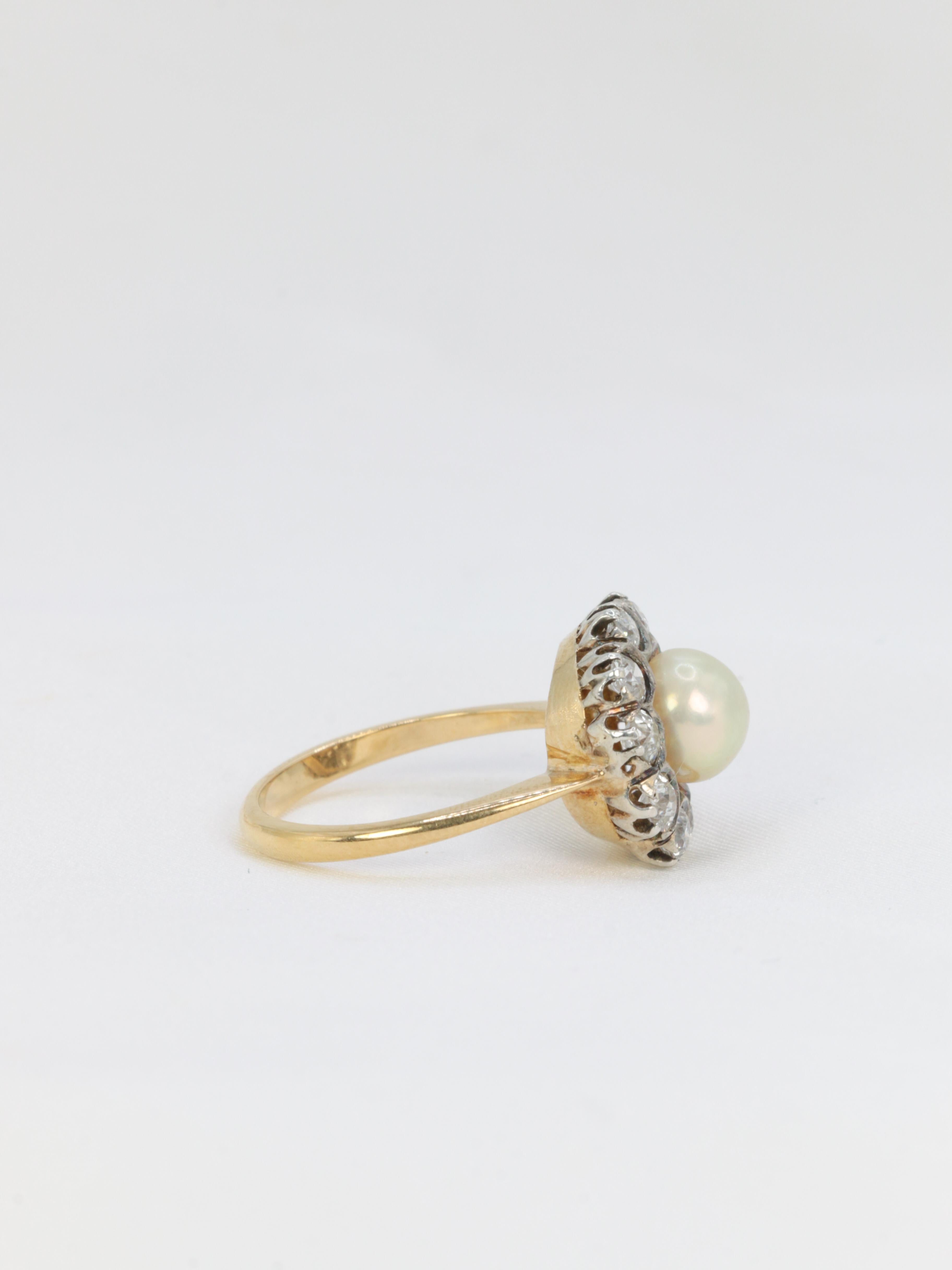 Women's or Men's Edwardian Gold and Silver Cluster Ring with Old Mine Cut Diamonds and a Natural For Sale