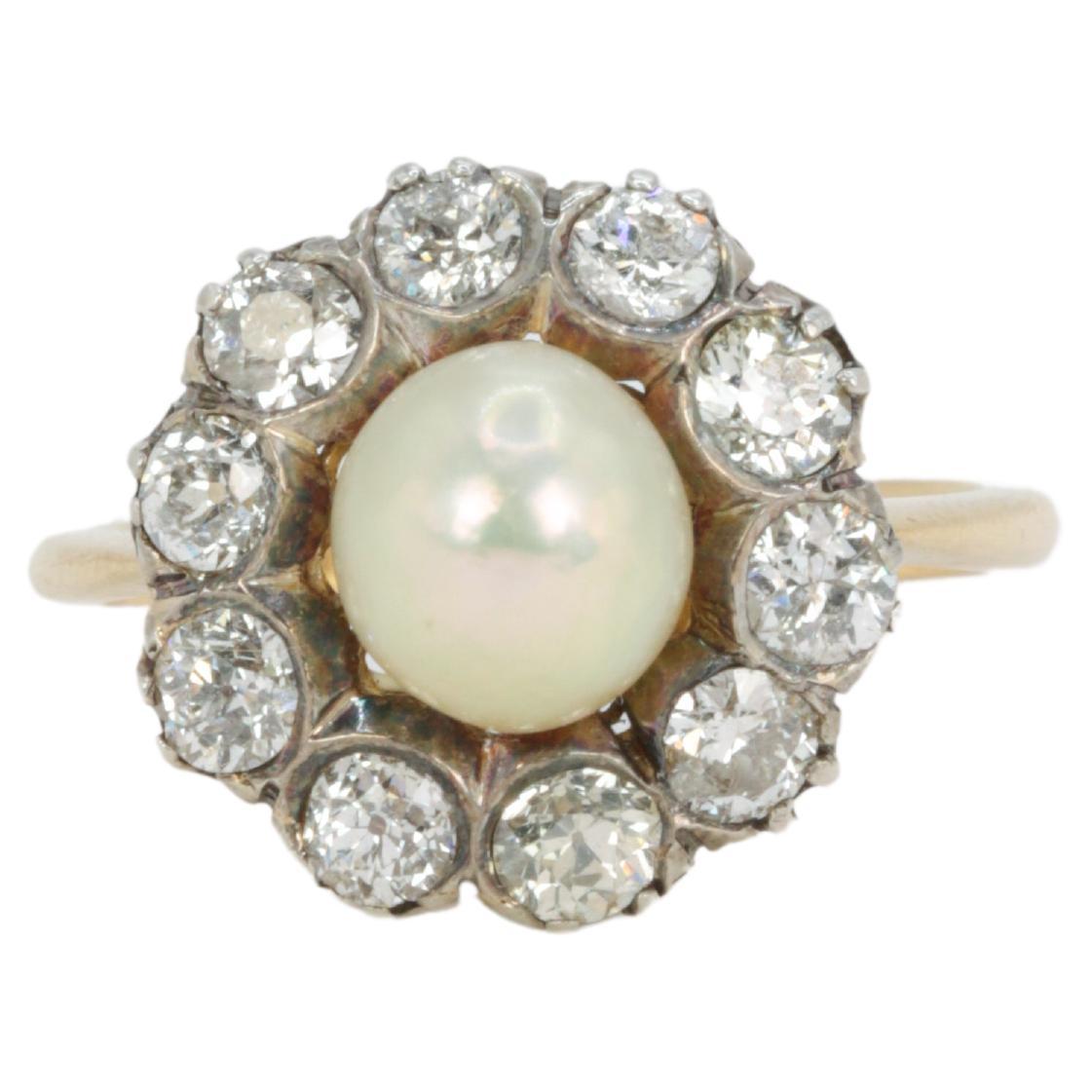 Edwardian Gold and Silver Cluster Ring with Old Mine Cut Diamonds and a Natural For Sale