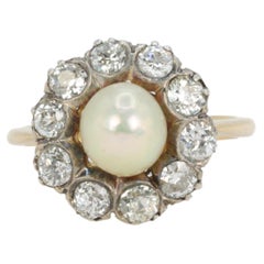 Edwardian Gold and Silver Cluster Ring with Old Mine Cut Diamonds and a Natural