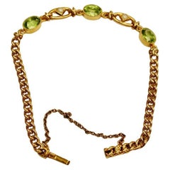 Edwardian Gold Curb Bracelet Set With Peridots And Pearls 15ct ,Dated Circa 1905