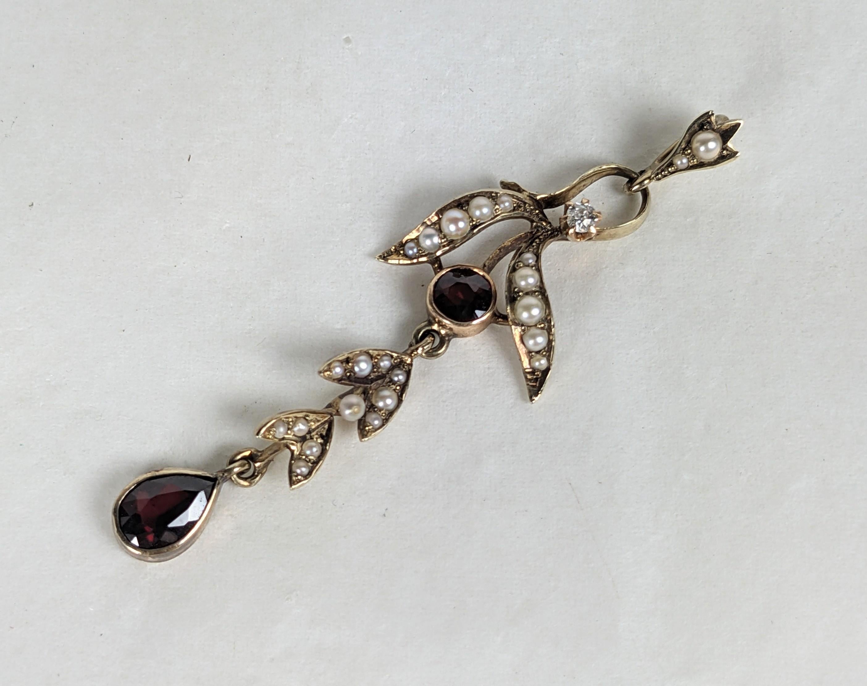 Victorian Edwardian Gold Diamond and Garnet Vine Pendant For Sale