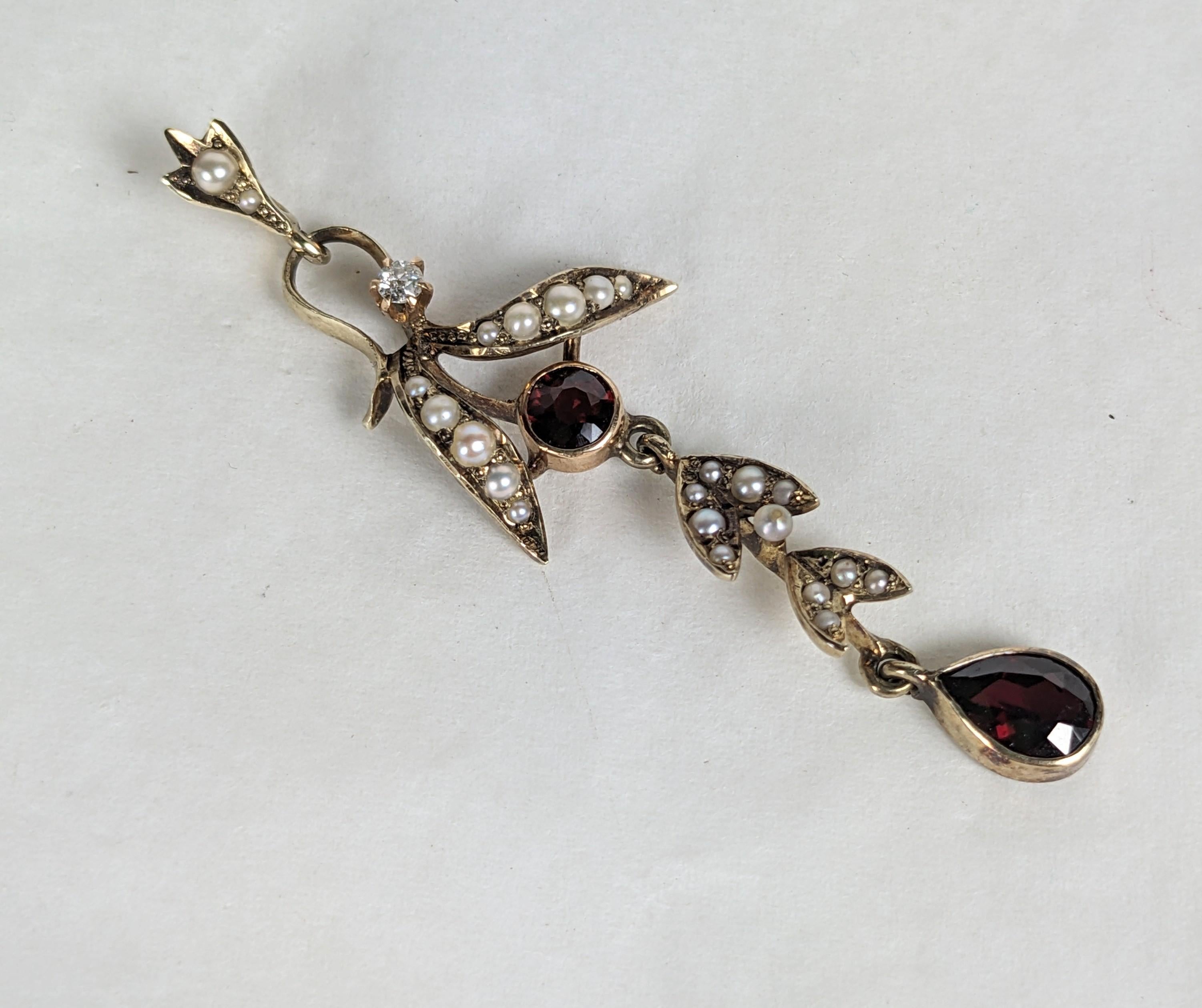 Round Cut Edwardian Gold Diamond and Garnet Vine Pendant For Sale