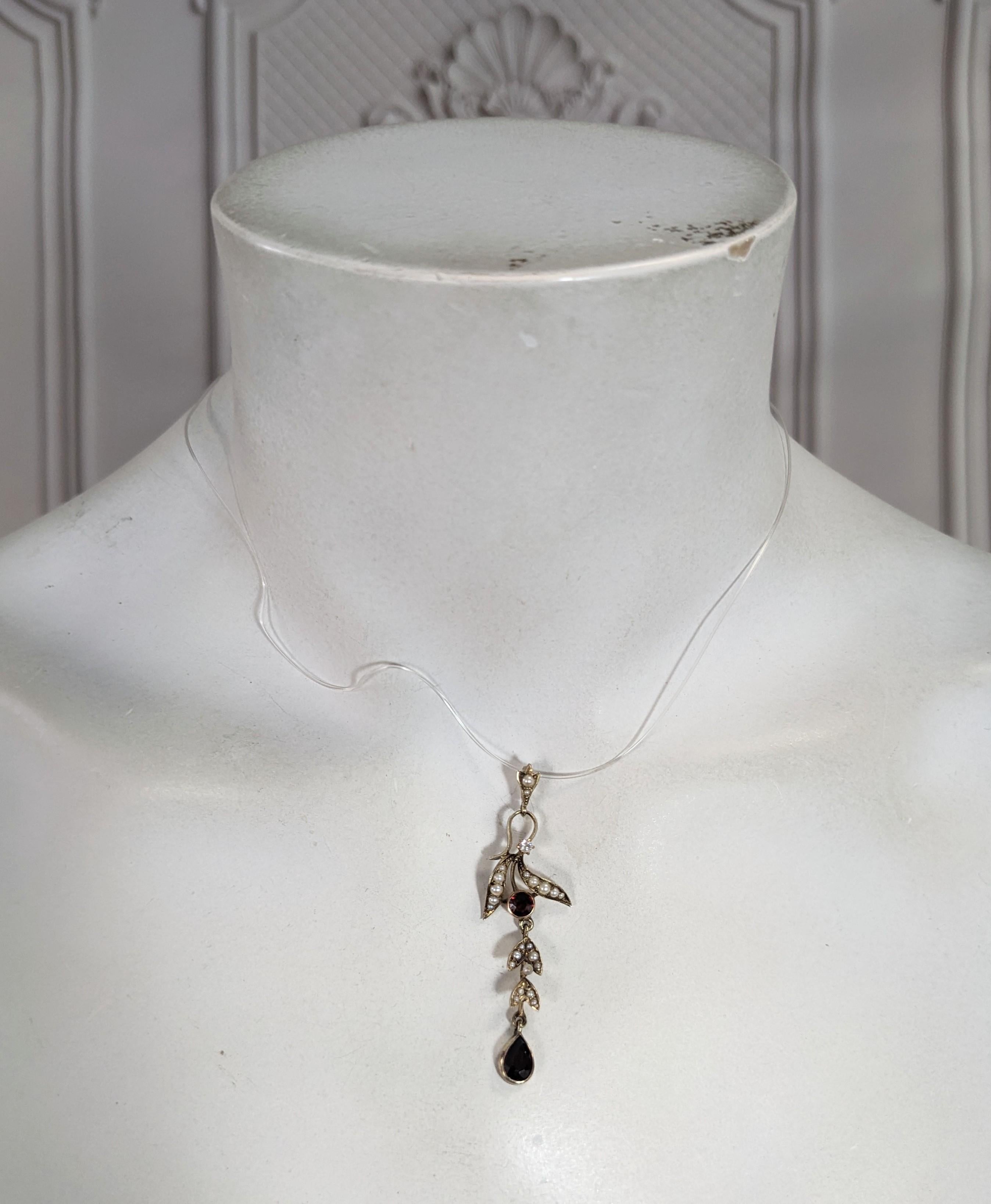 Women's or Men's Edwardian Gold Diamond and Garnet Vine Pendant For Sale