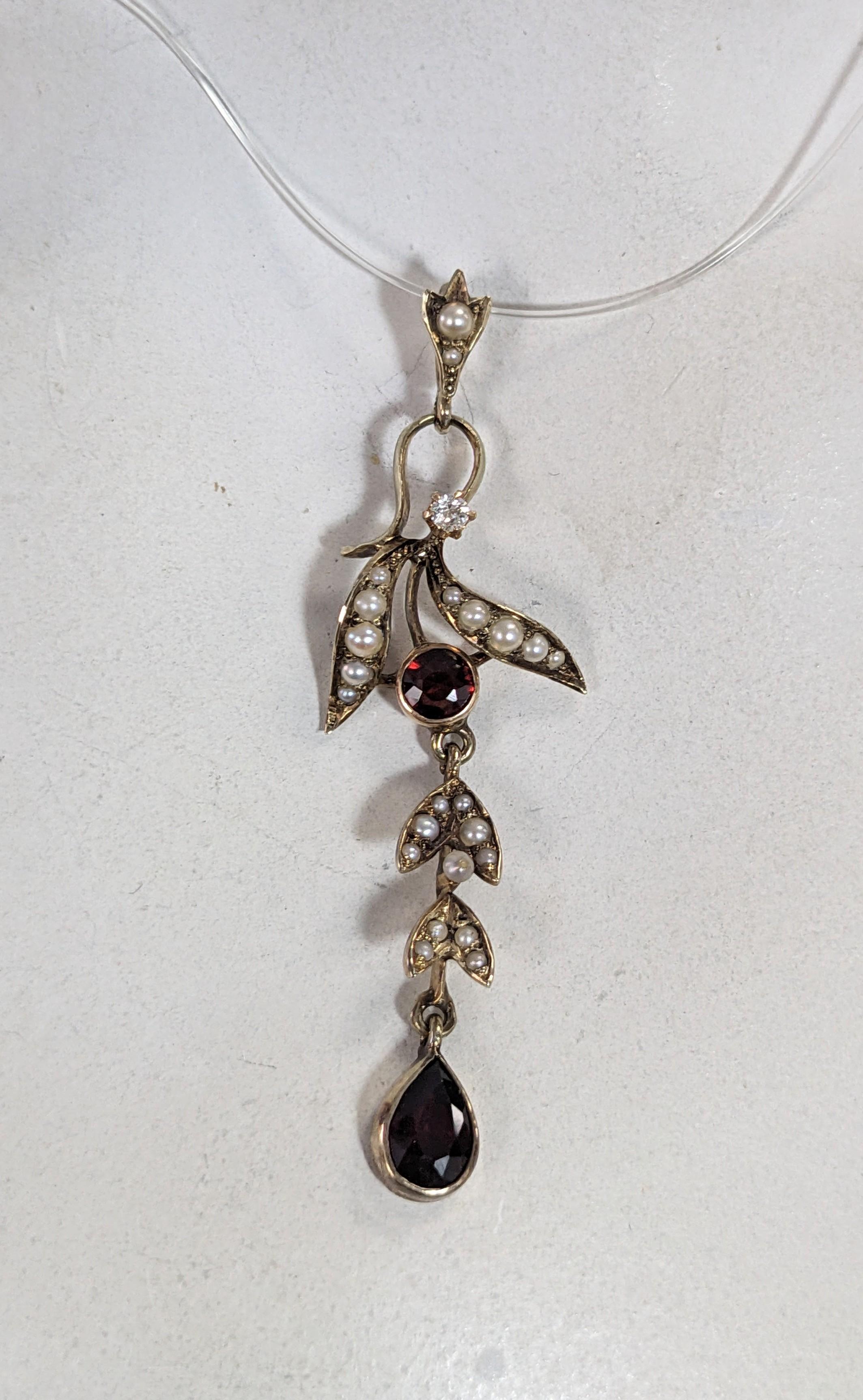 Edwardian Gold Diamond and Garnet Vine Pendant For Sale 1